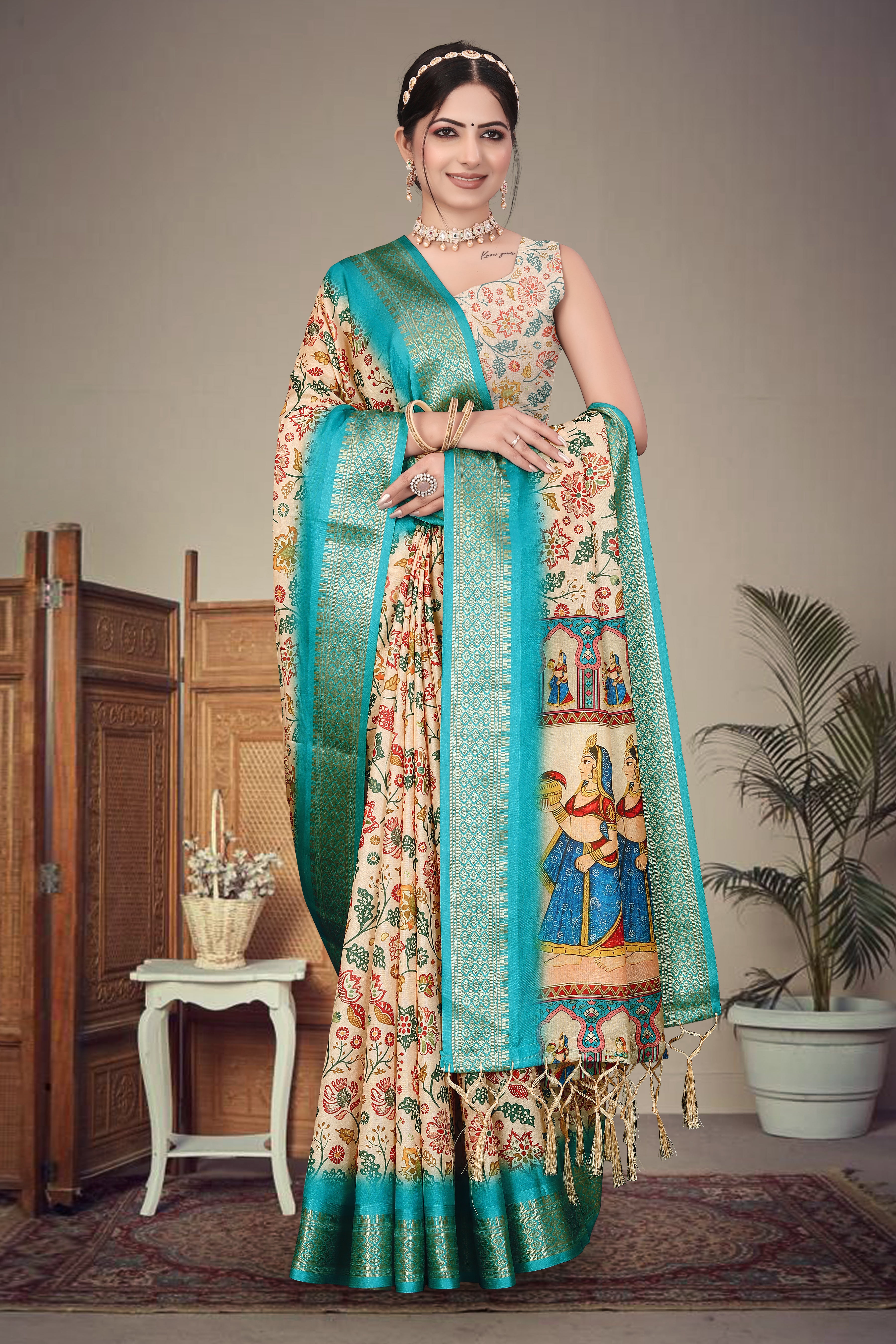 Digital Print Cotton Silk Saree with Heavy Border & Fancy Latkan