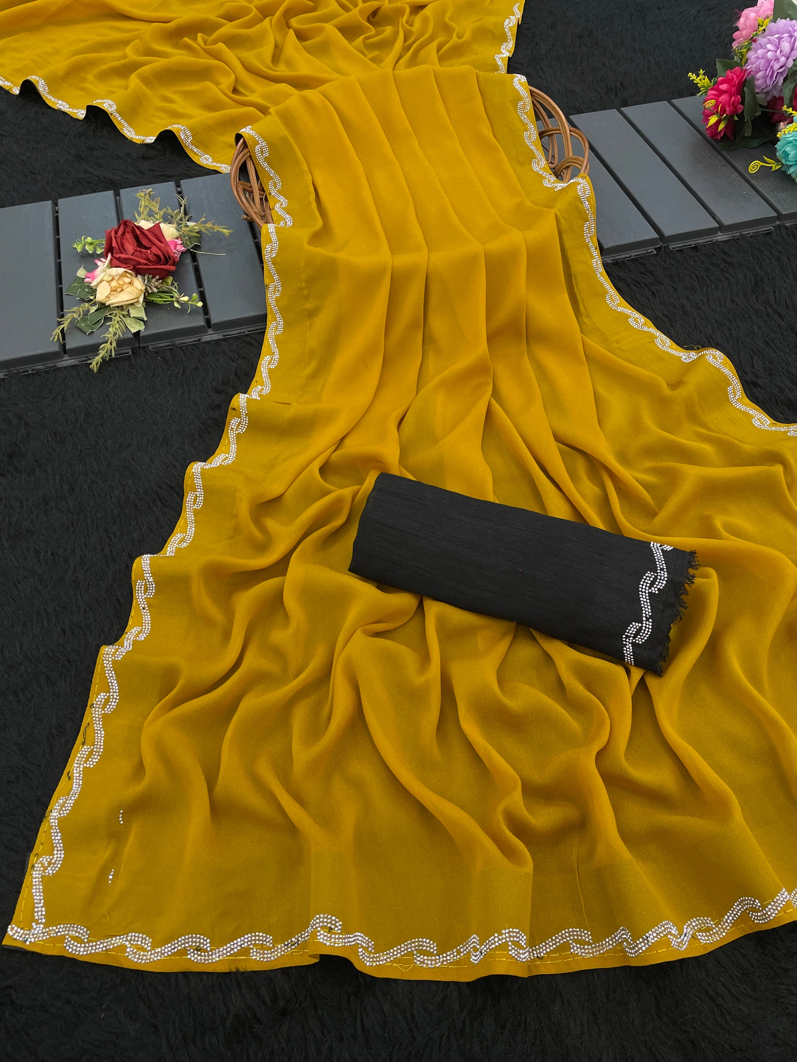 AVANI Swarovski Work Georgette Silk Saree with Fancy Lace Border