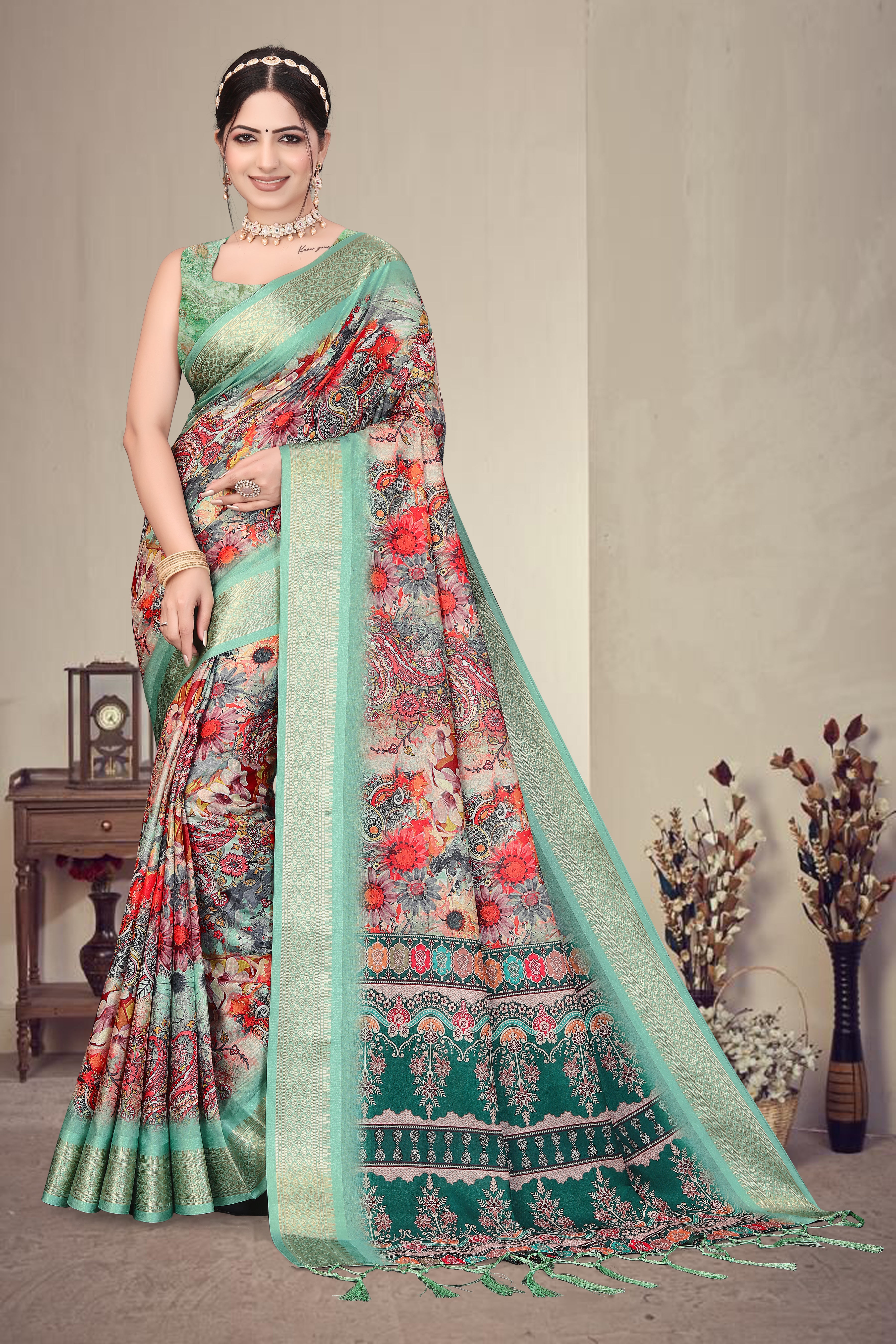 Digital Print Cotton Silk Saree with Heavy Jacquard Border & Fancy Latkan