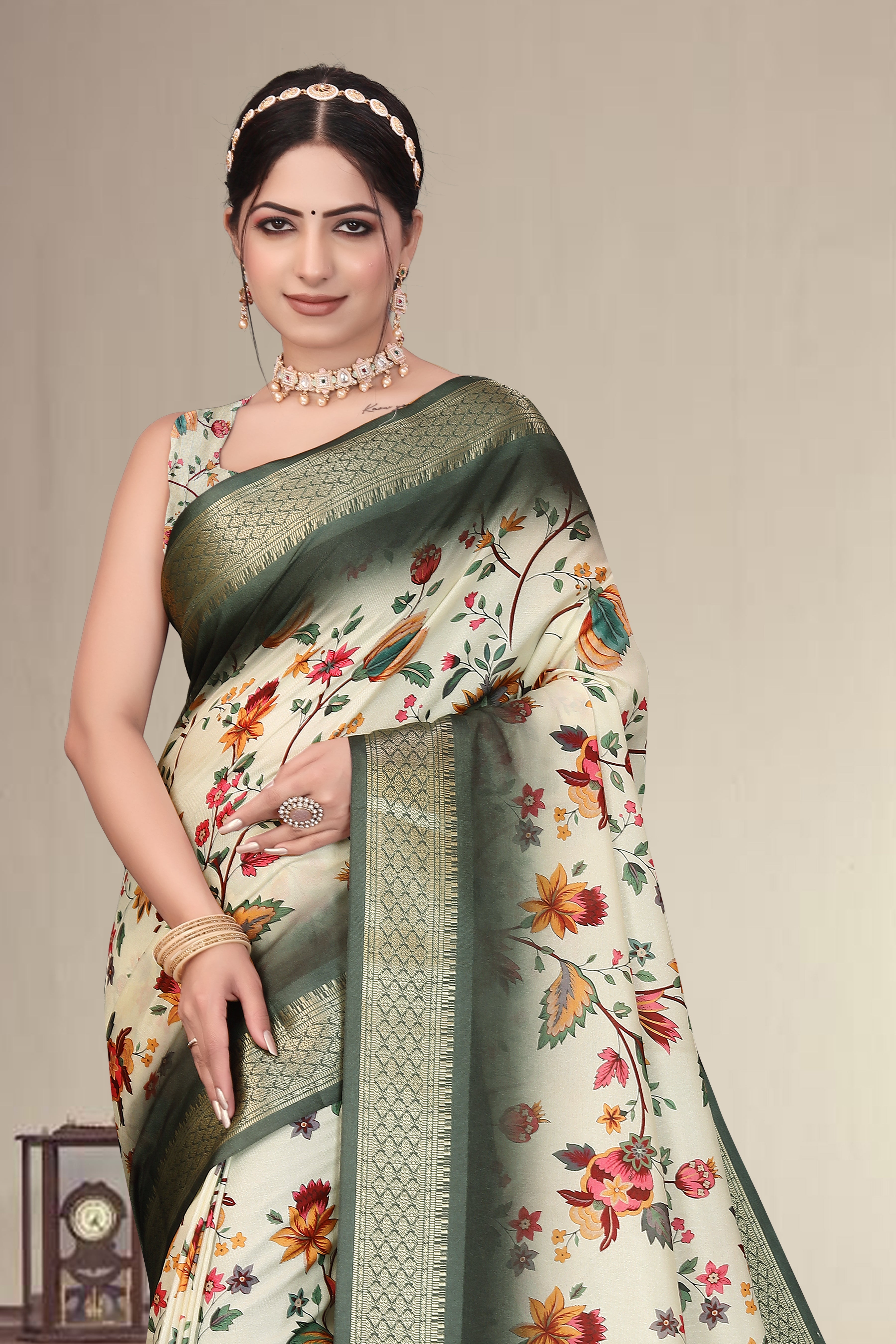 AXALI Digital Print Cotton Silk Saree with Heavy Jacquard Border & Fancy Latkan