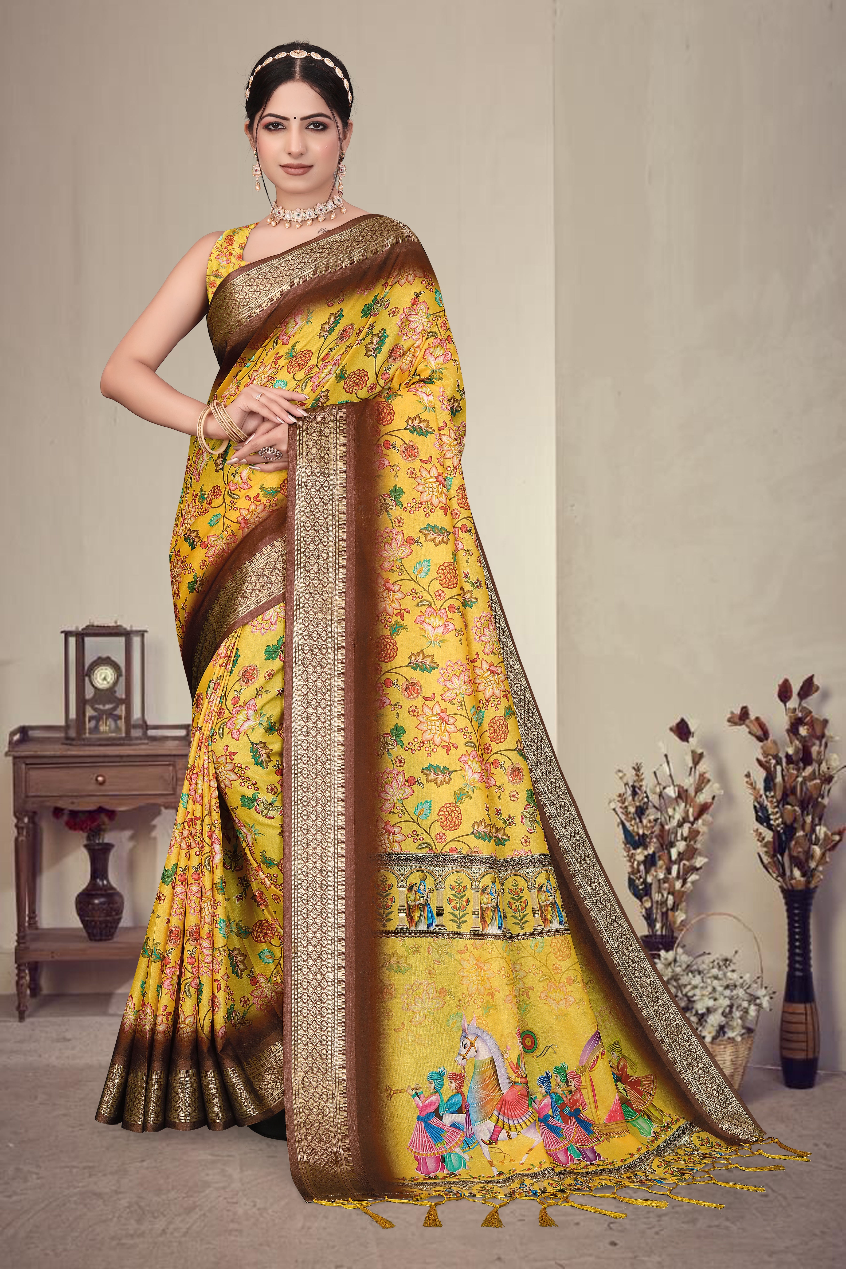 Digital Print Cotton Silk Saree with Heavy Jacquard Border & Fancy Latkan