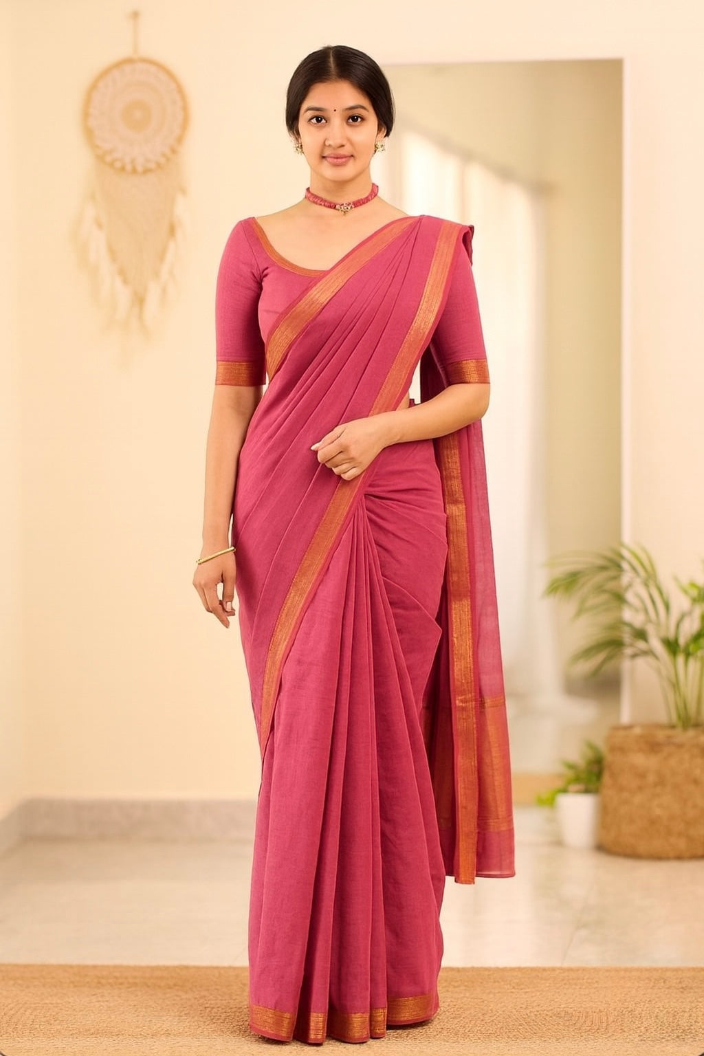 Pink Soft Cotton Saree with Golden Zari Border