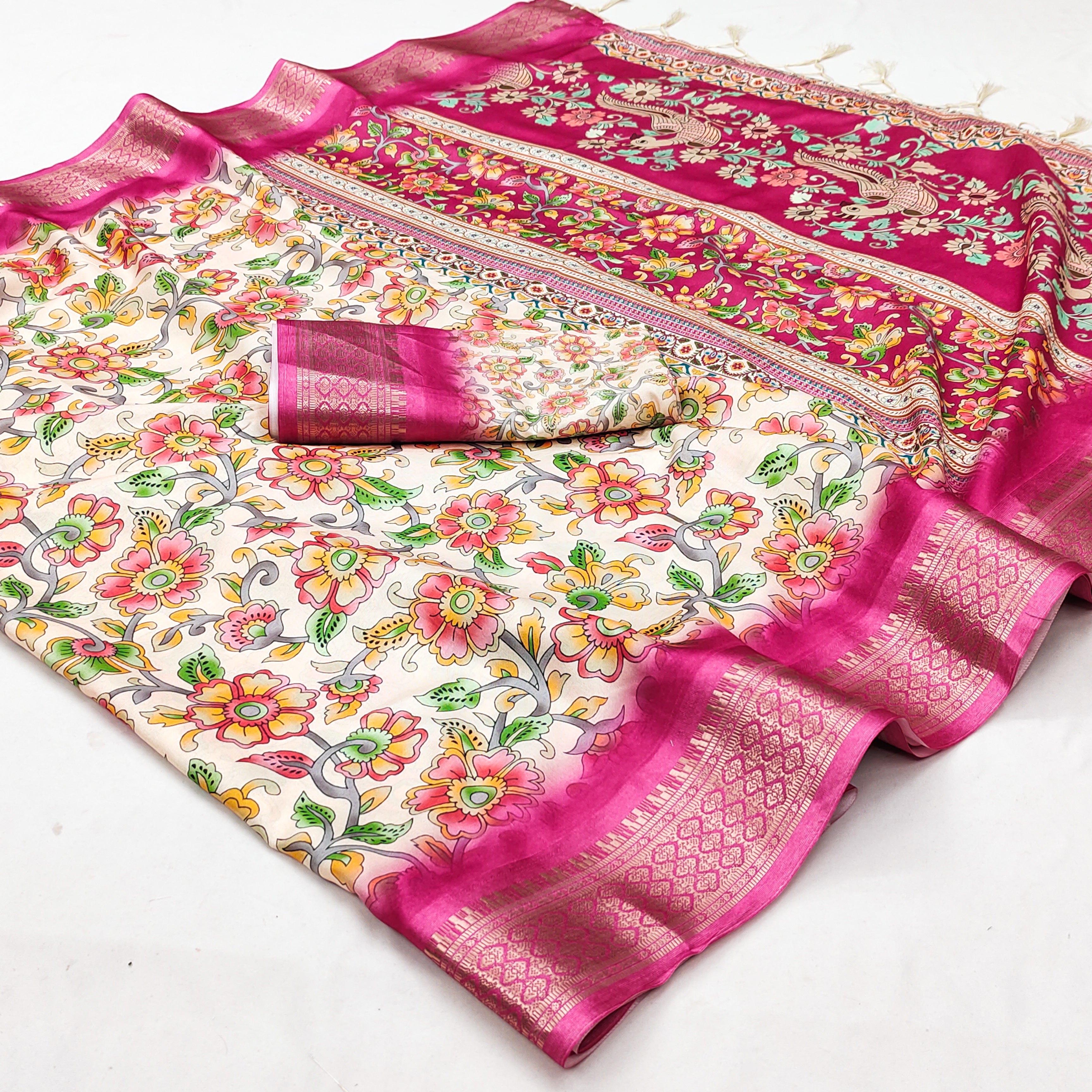 DIGITAL Cotton Silk Saree with Digital Print, Heavy Jacquard Border & Fancy Latkan