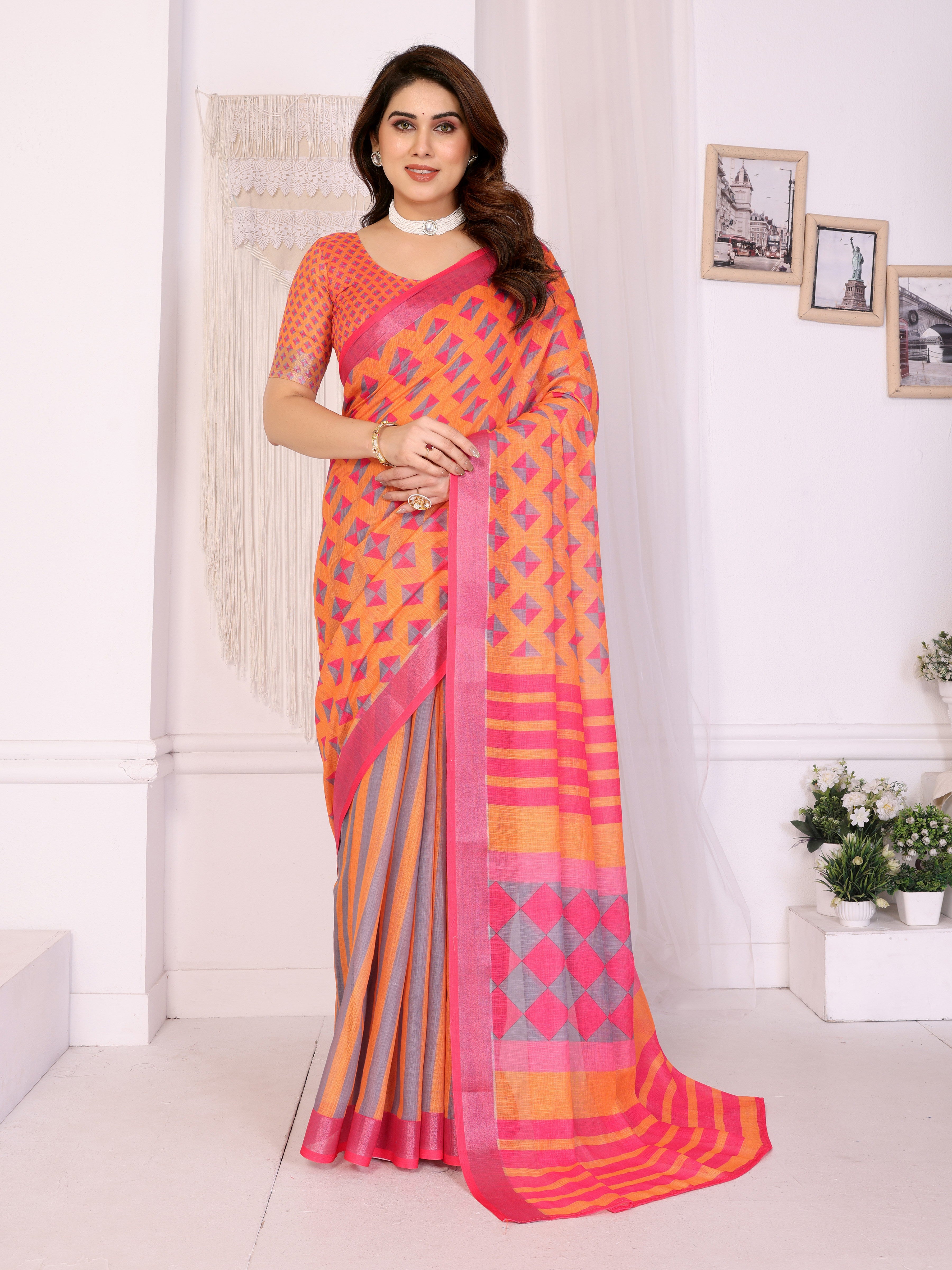 LILEN Handloom Linen Cotton Saree with Digital Print & Zari Border