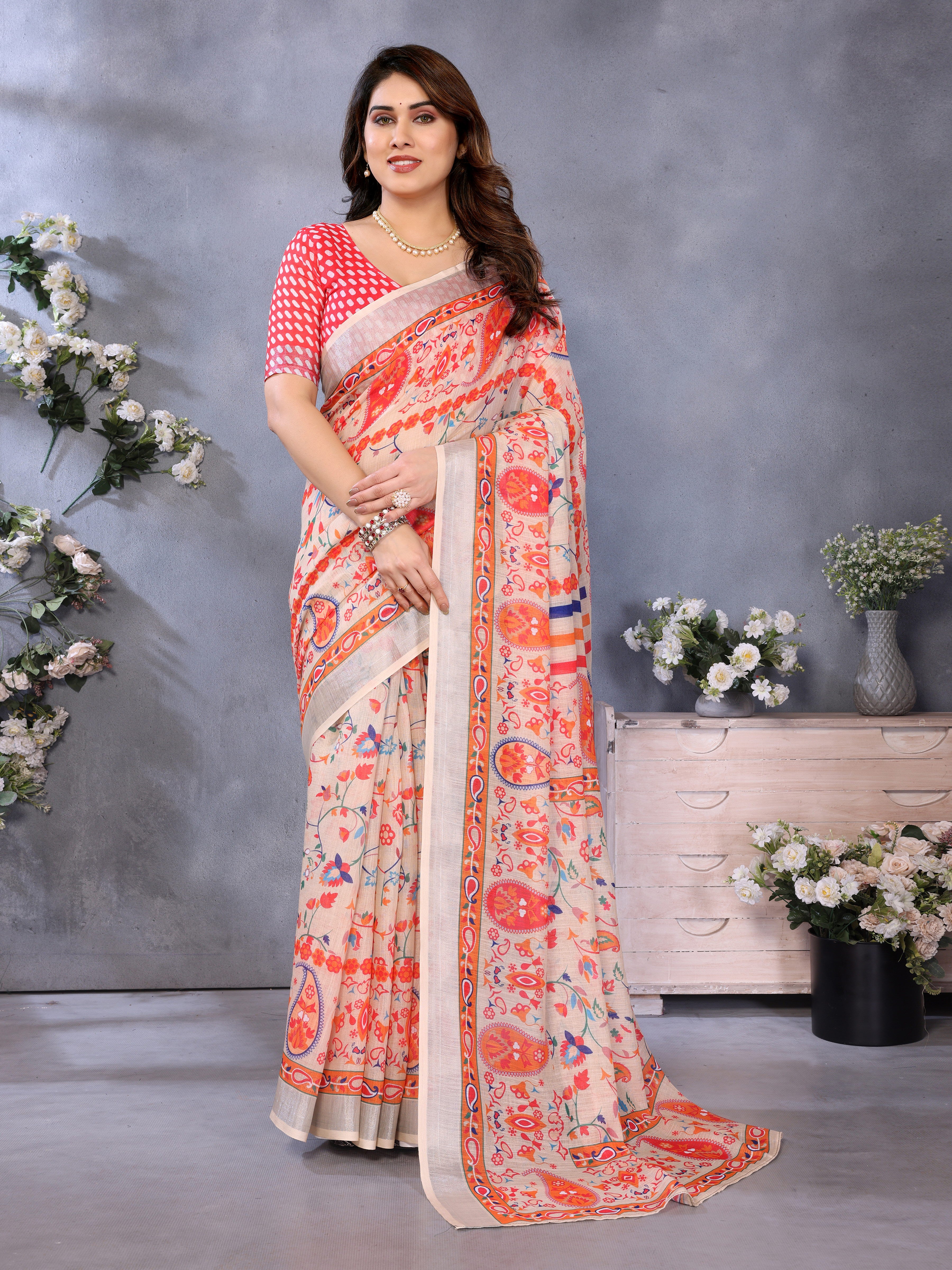 LILEN Handloom Linen Cotton Saree with Digital Print & Zari Border