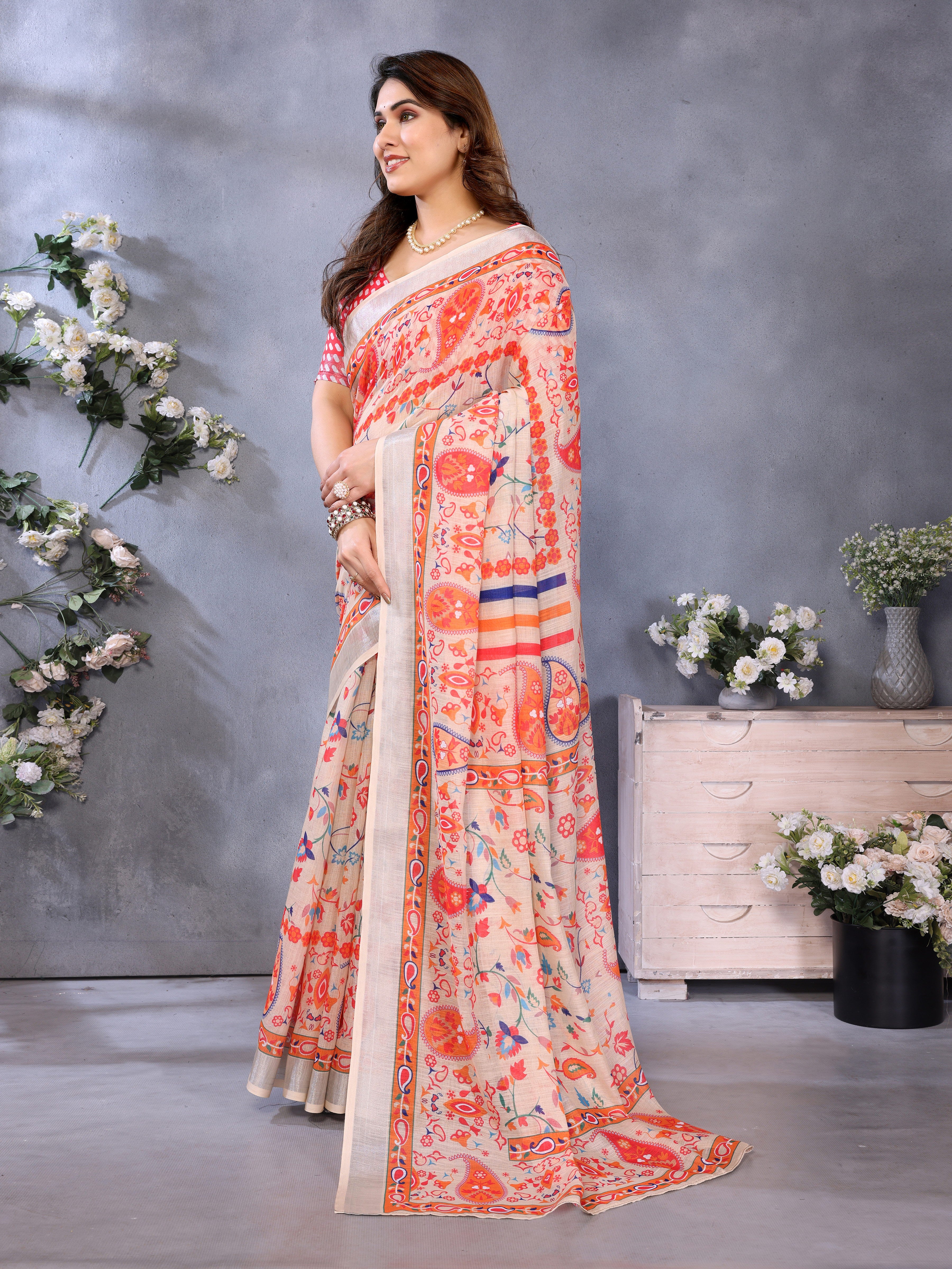 LILEN Handloom Linen Cotton Saree with Digital Print & Zari Border