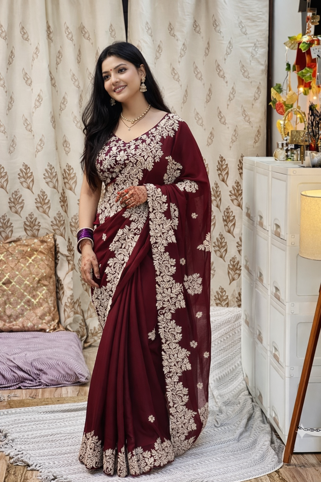 Maroon Heavy Embroidered Rangoli Silk Saree