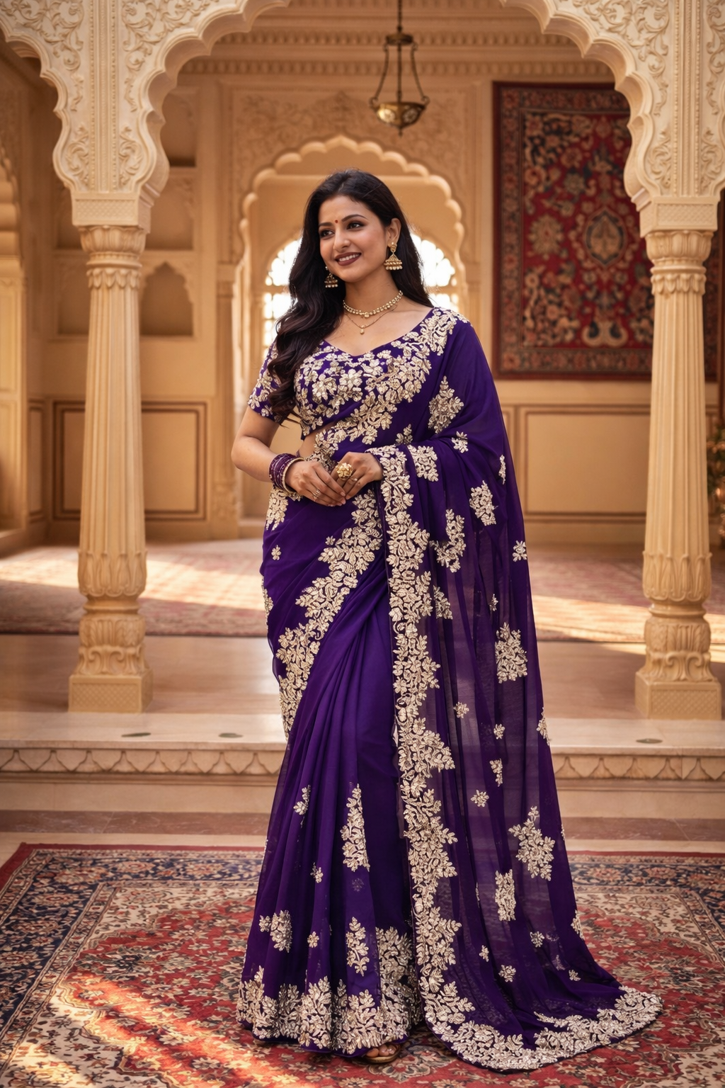 Royal Purple Embroidered Rangoli Silk Saree for Wedding & Party Wear