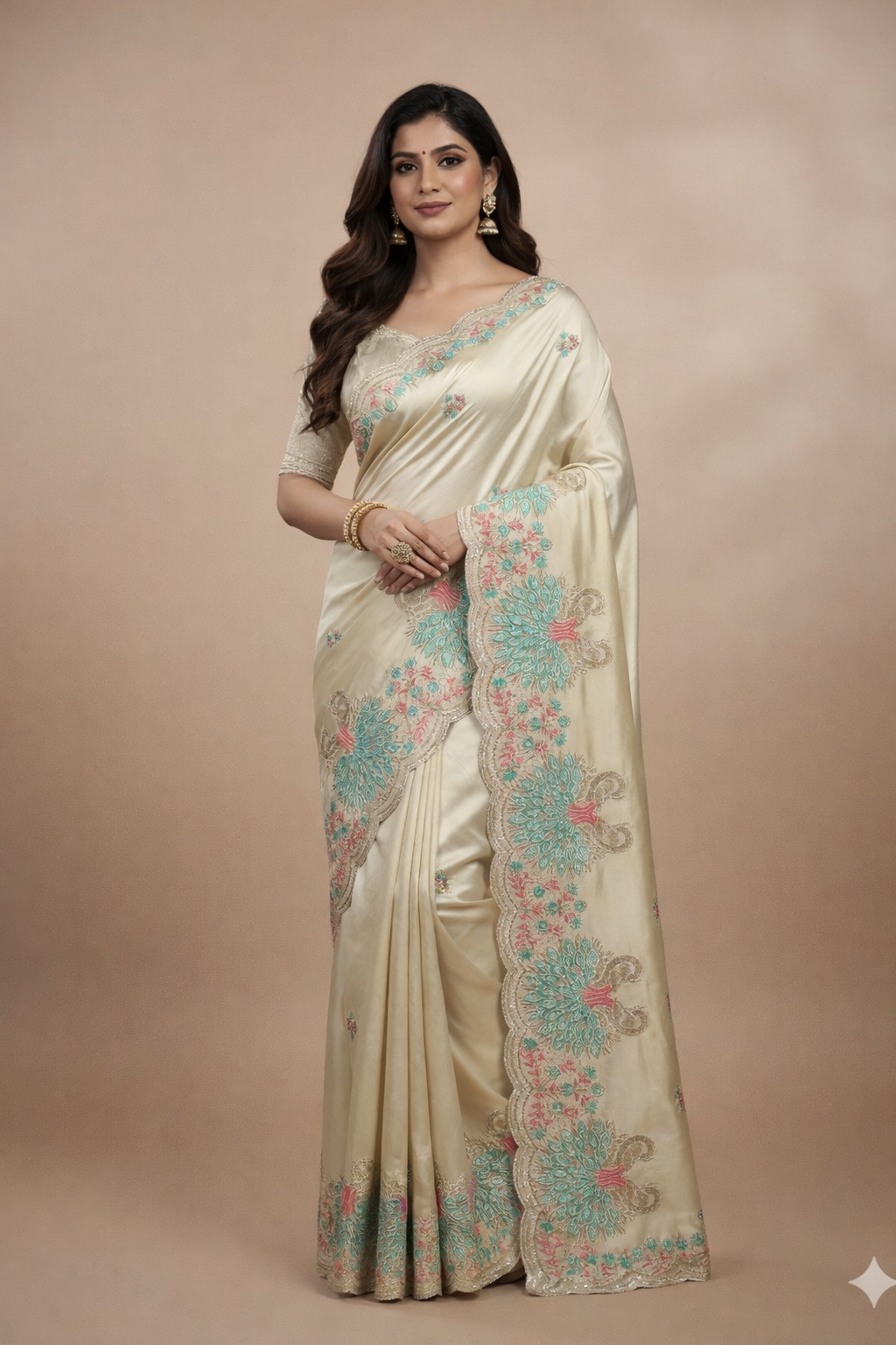 Ivory Cream Embroidered Saree with Peacock Designer Border