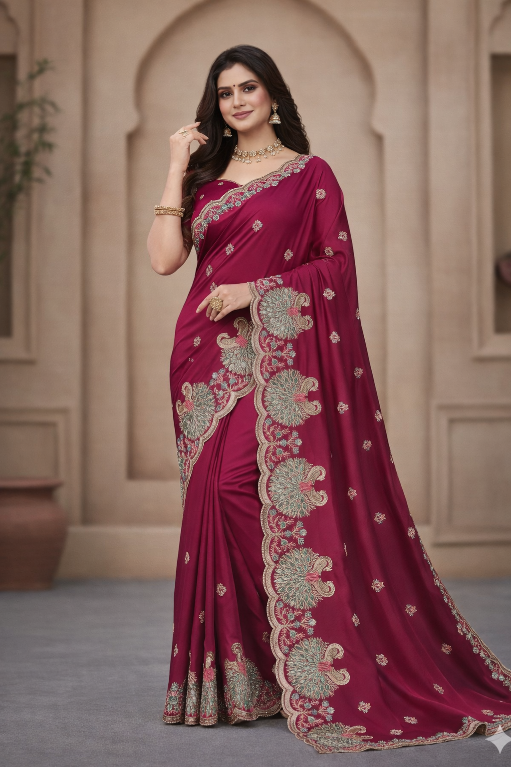 Wine Maroon Embroidered Saree with Peacock Designer Border