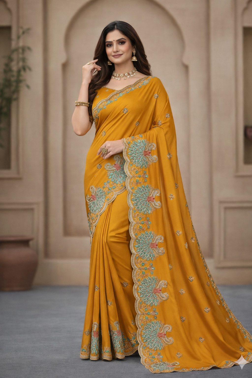 Mustard Yellow Embroidered Saree with Peacock Designer Border