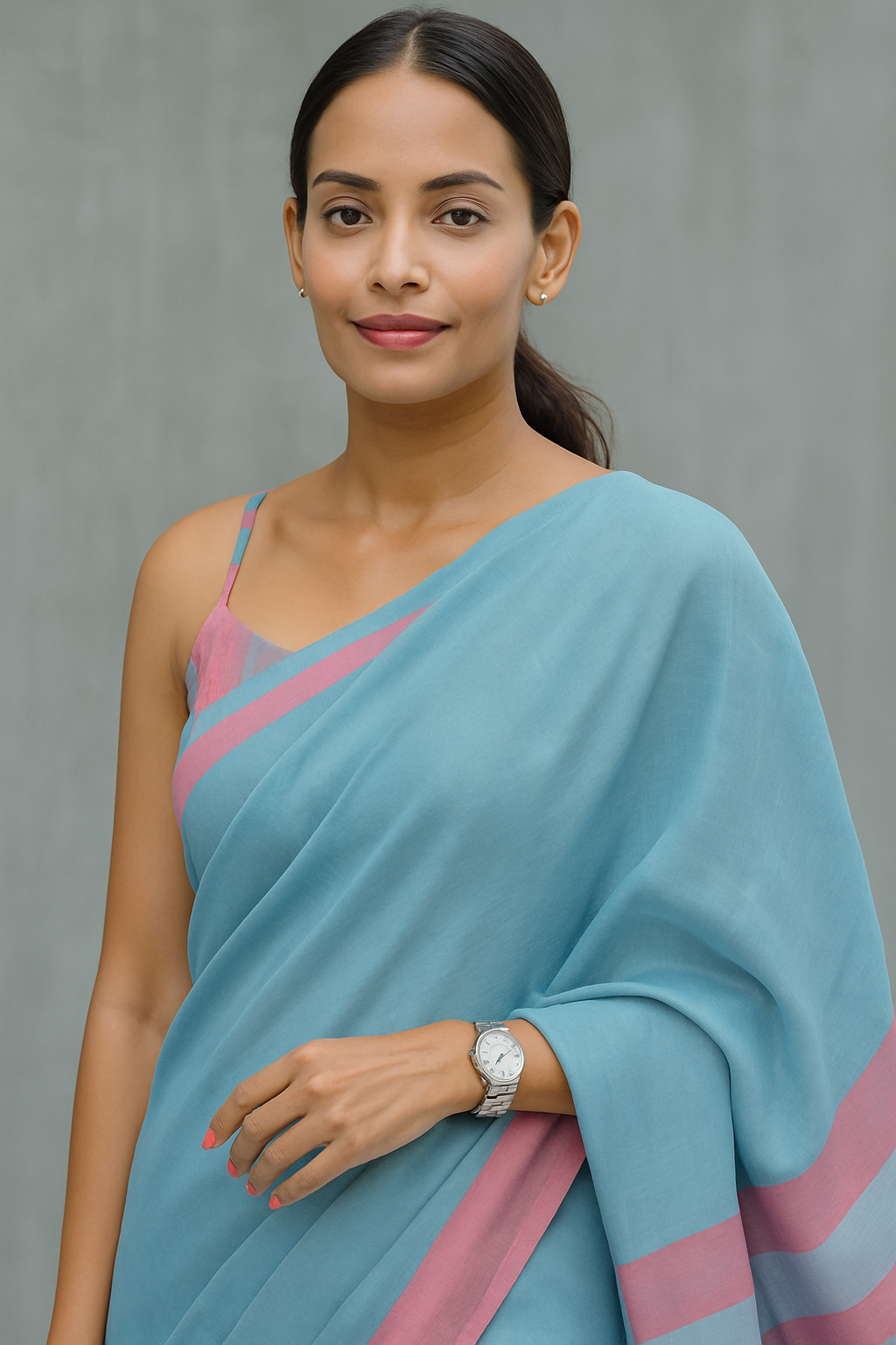 Aqua Blush Checks Cotton-Linen Saree