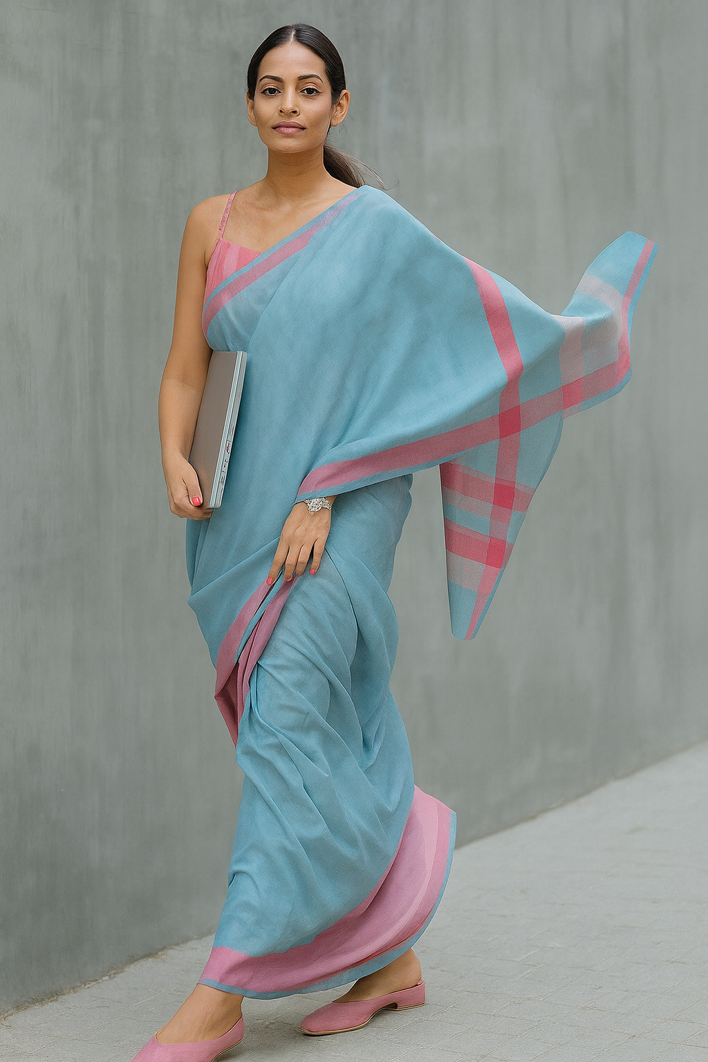 Aqua Blush Checks Cotton-Linen Saree
