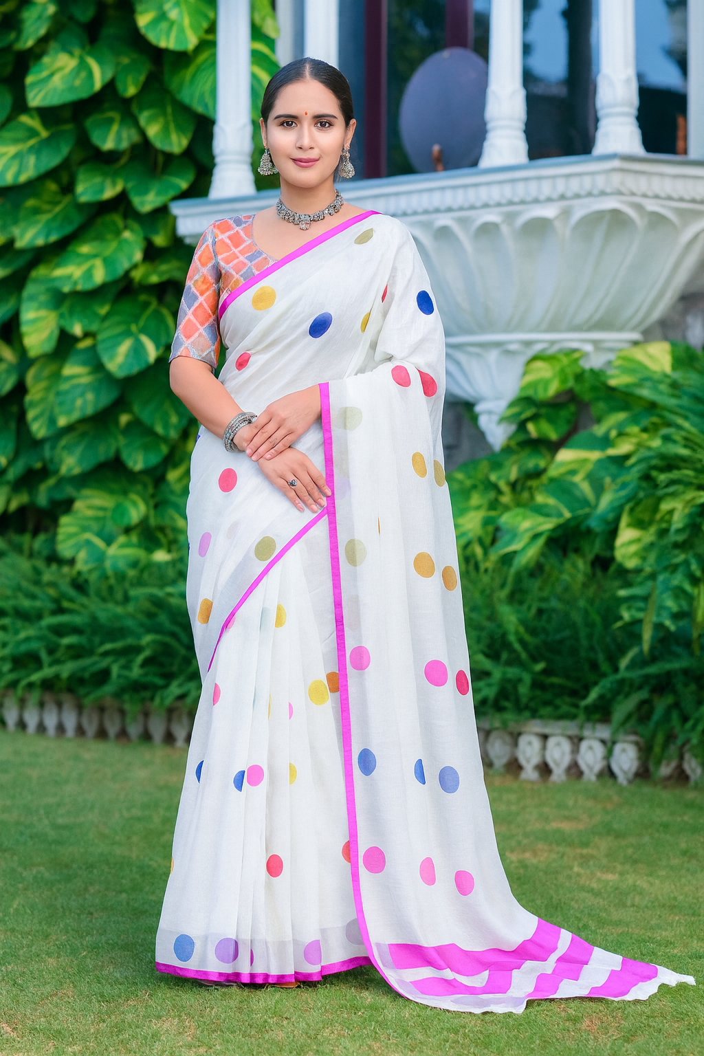 White Cotton Linen Polka Dot Saree with Pink Border
