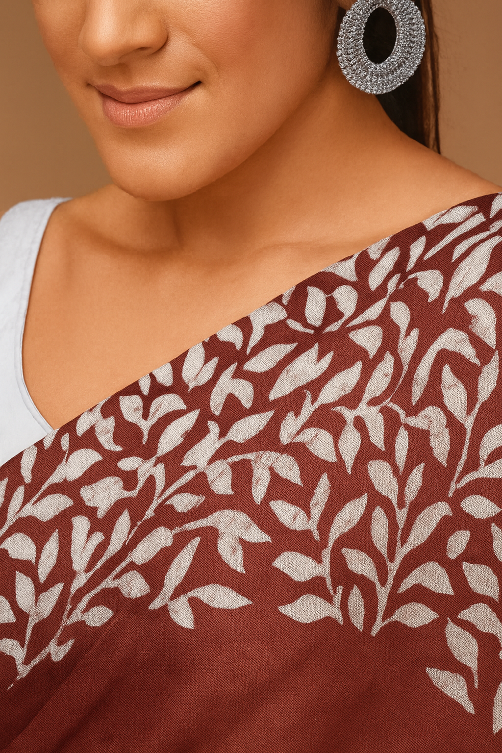 Brown & White block Print Cotton Linen Saree