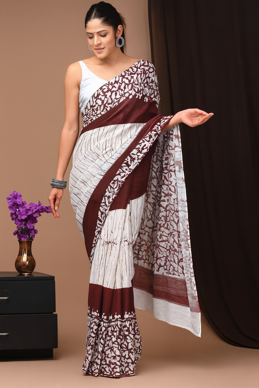 Brown & White block Print Cotton Linen Saree