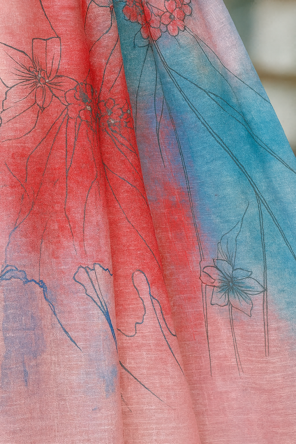 Pastel Pink & Multicolour Printed Linen Saree — Floral Watercolour Print