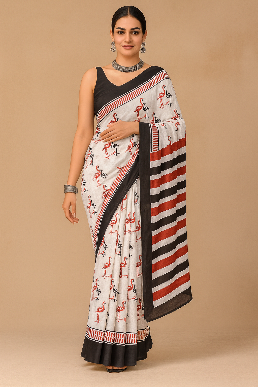 White & Black Cotton Linen Flamingo Print Saree