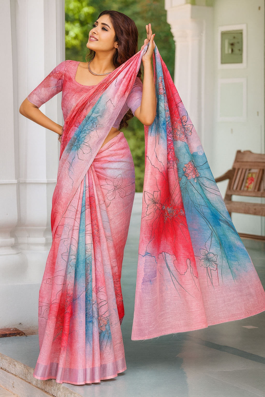 Pastel Pink & Multicolour Printed Linen Saree — Floral Watercolour Print