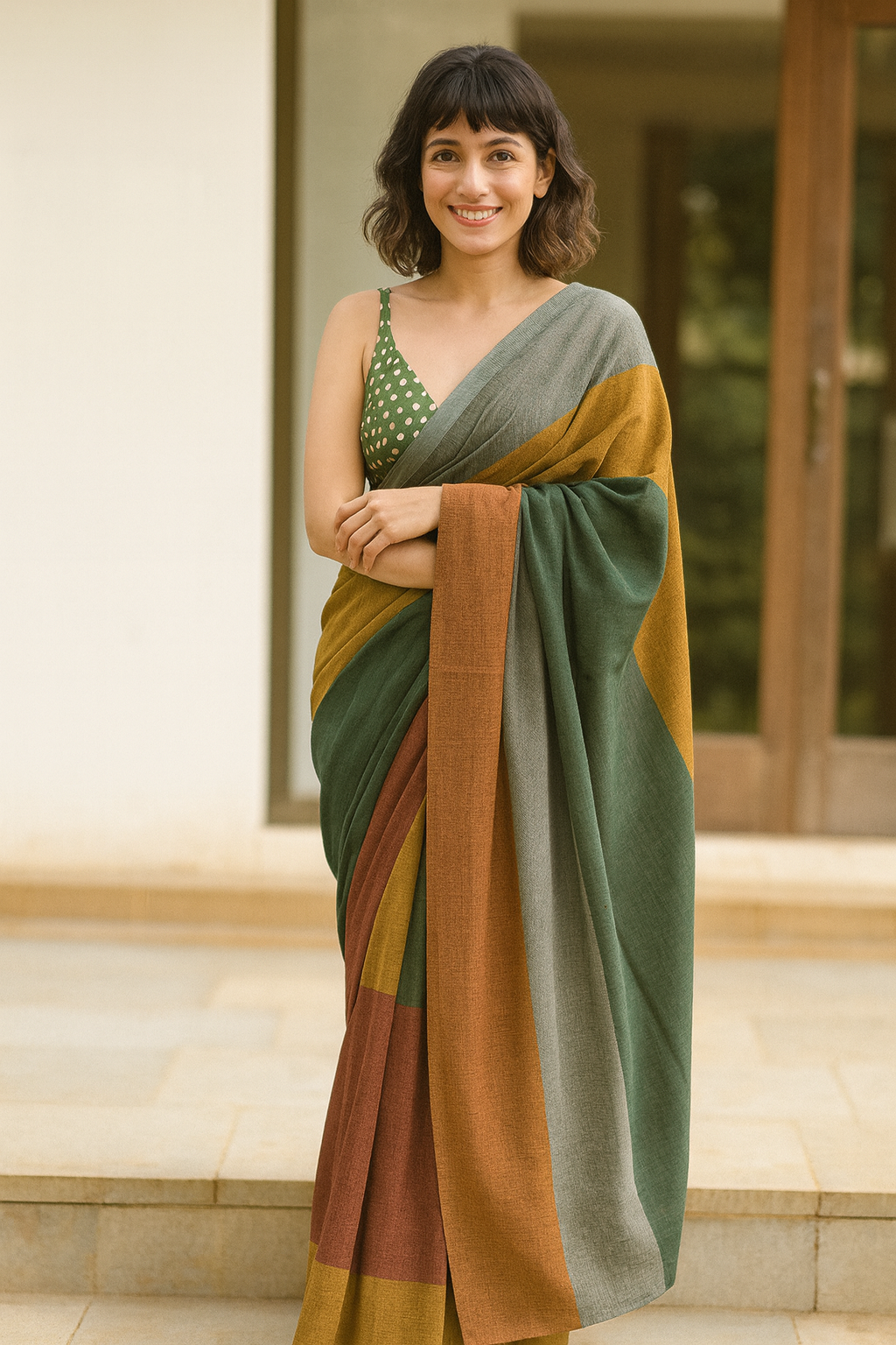 Vintage Block Palette Soft Linen Saree – Green, Mustard & Rust