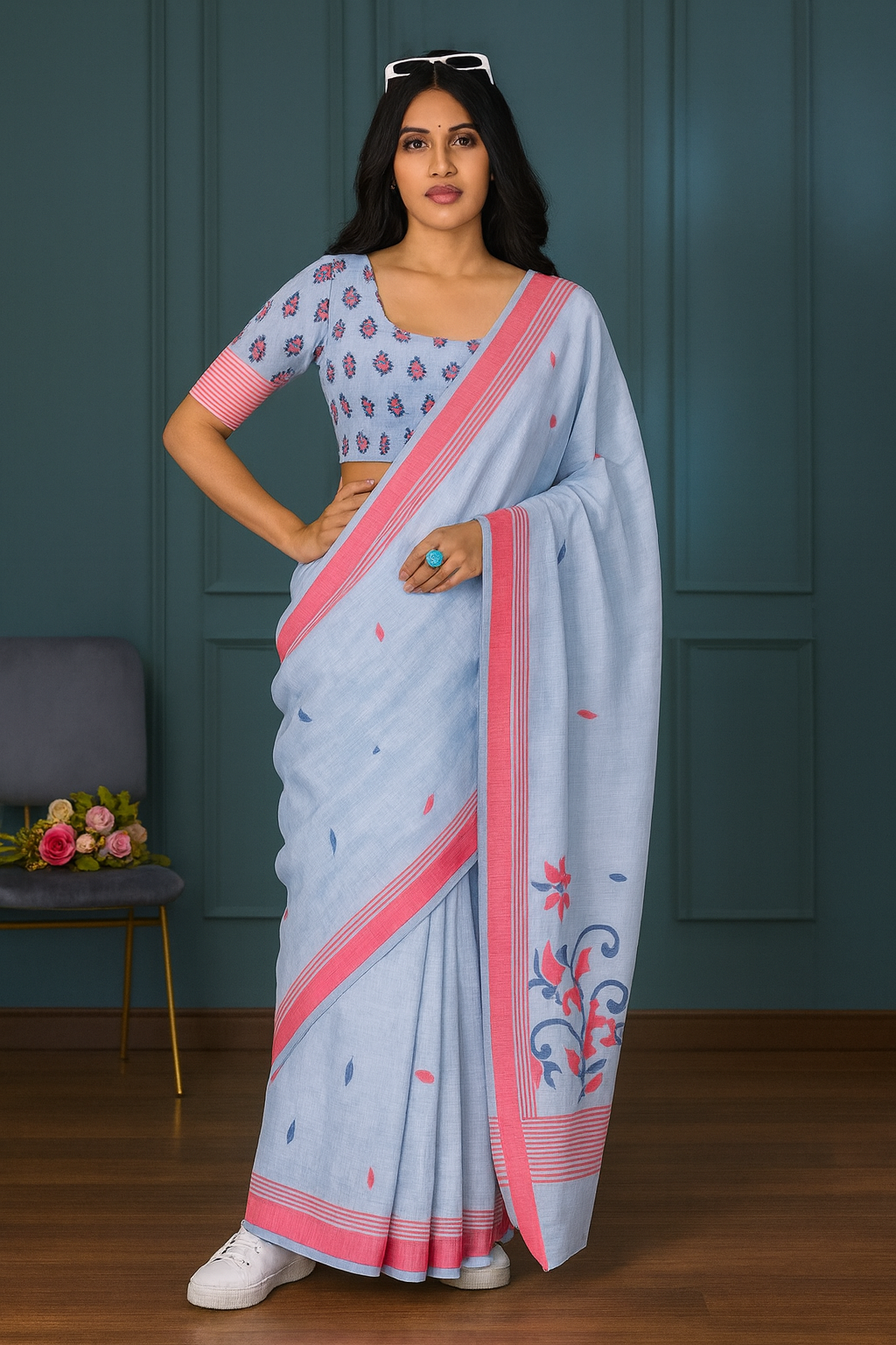 Sky-Blue & Pink Printed Linen-Style Saree — Minimal Floral Accent