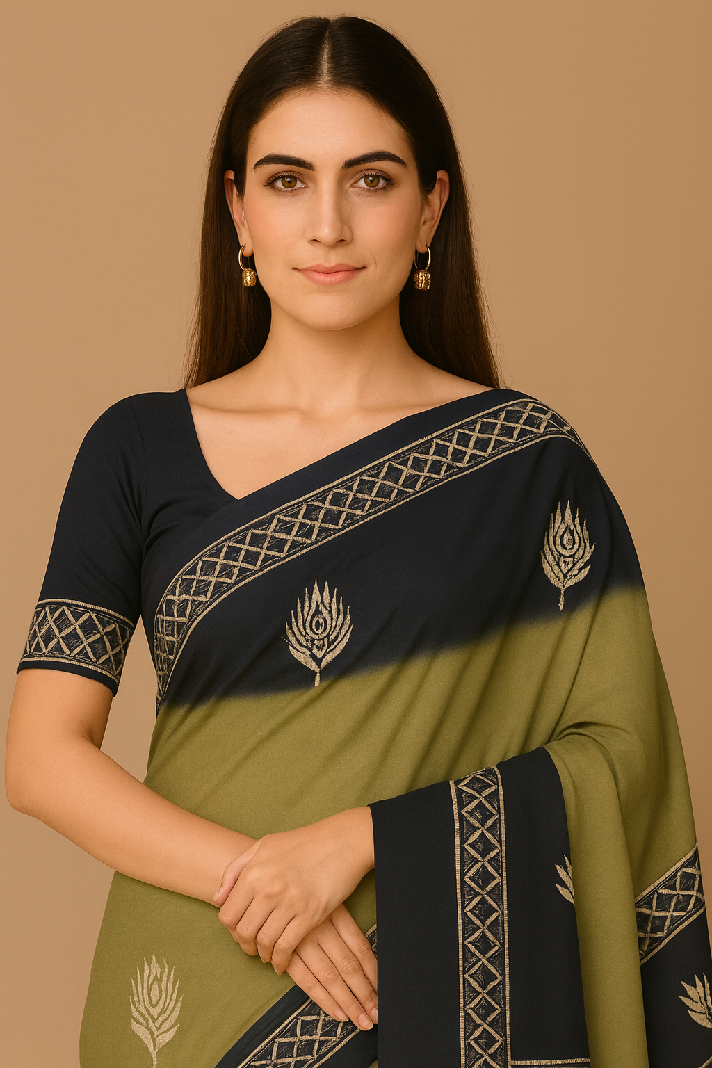 Elegant Linen Cotton Saree for Women – Olive Green & Navy Printed Saree