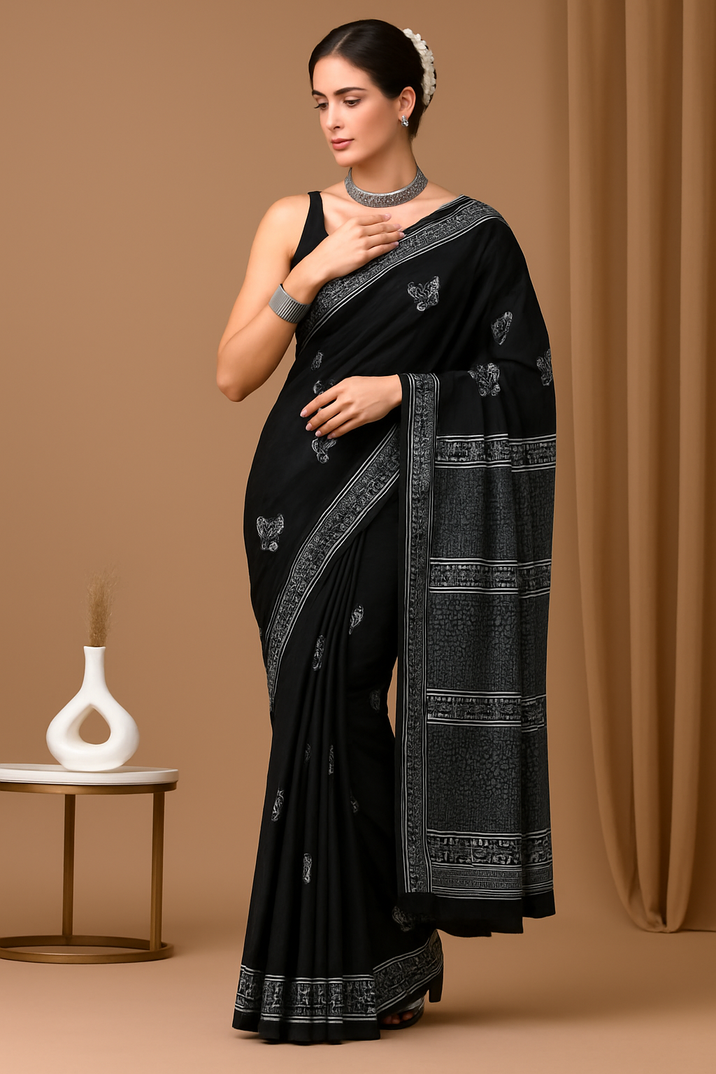 Elegant Black Cotton Linen Saree with Intricate Silver Thread Print
