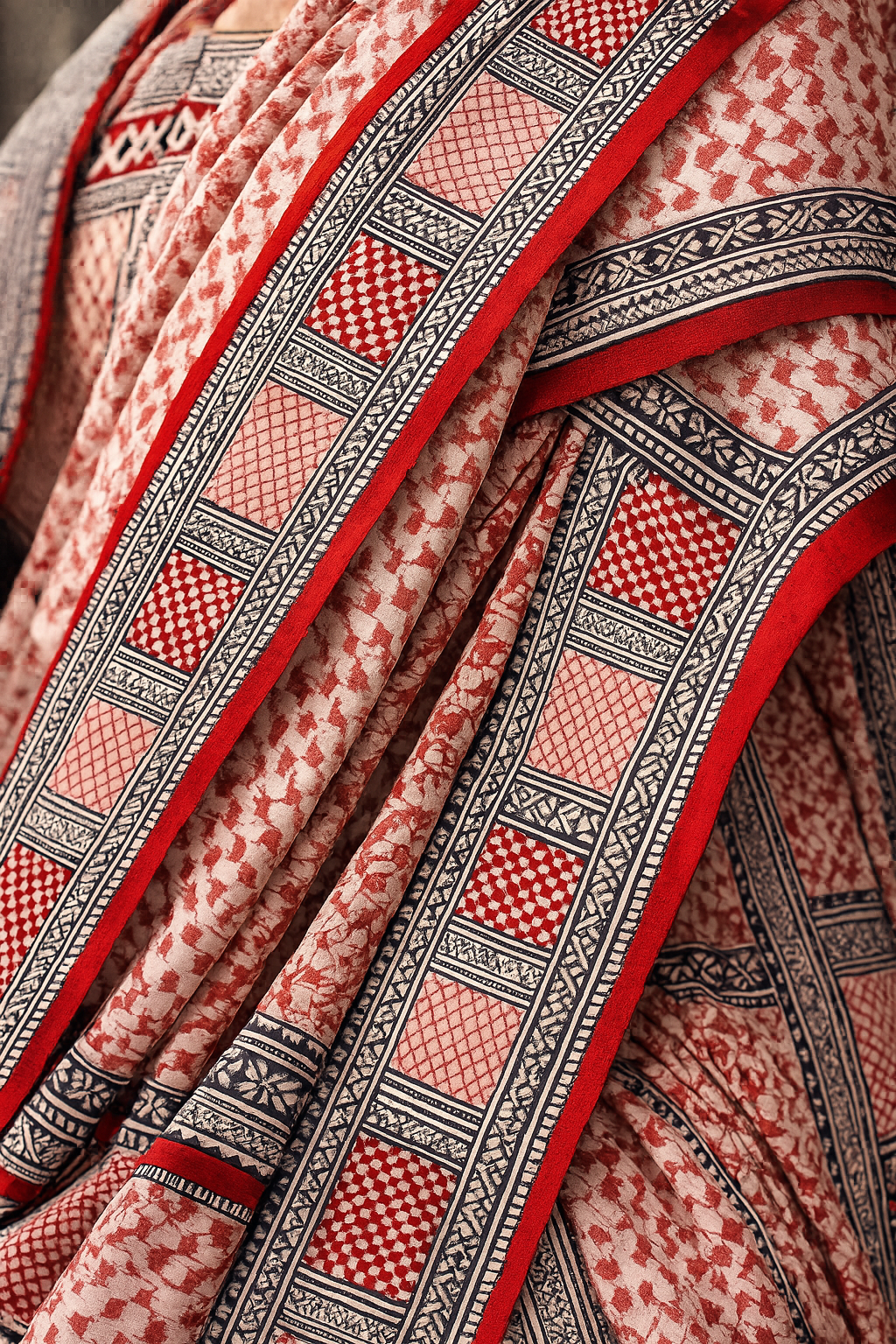 Rust & Beige Cotton Linen Printed Saree with Tribal Motifs