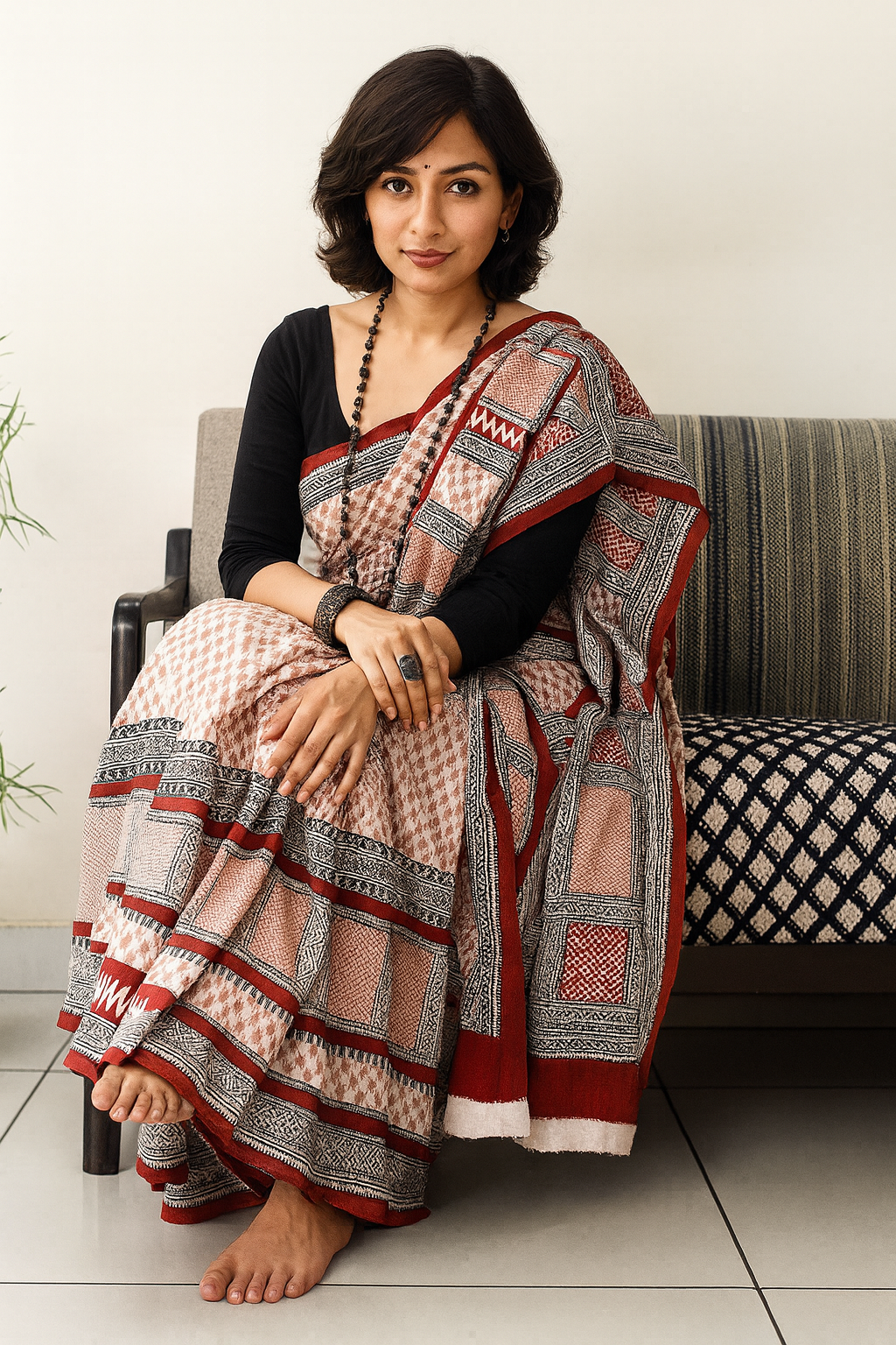 Rust & Beige Cotton Linen Printed Saree with Tribal Motifs