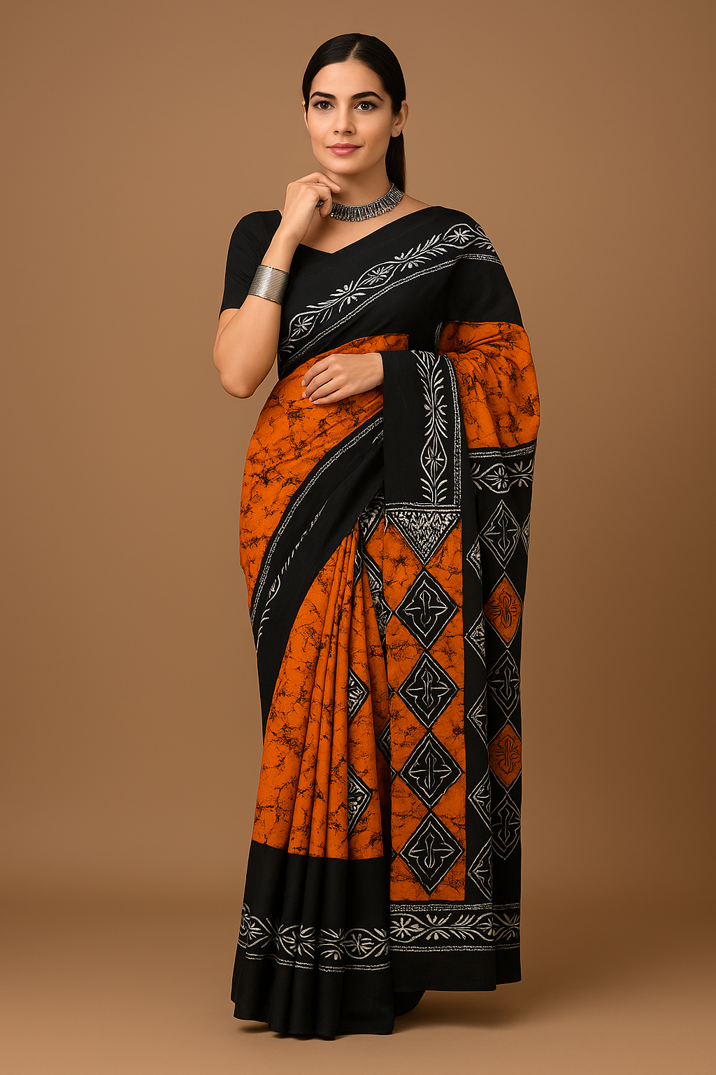 Black & Rust Orange Printed Saree with Tribal Motifs