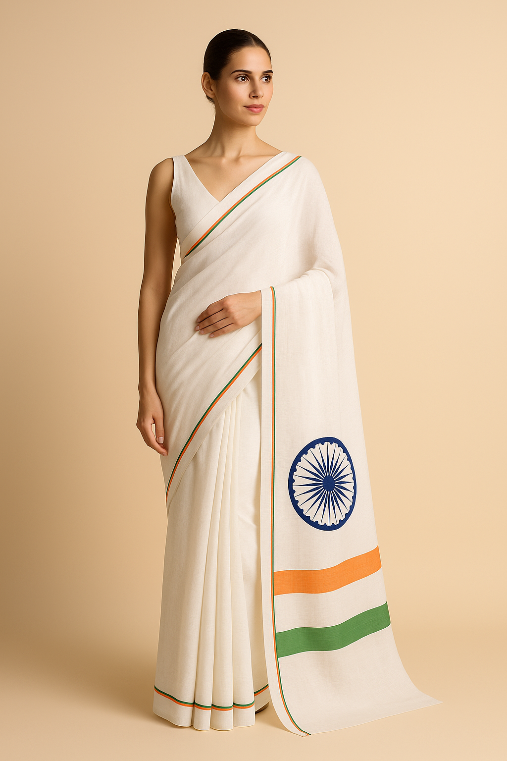 Elegant White Linen Saree with Tricolour Border & Ashoka Chakra