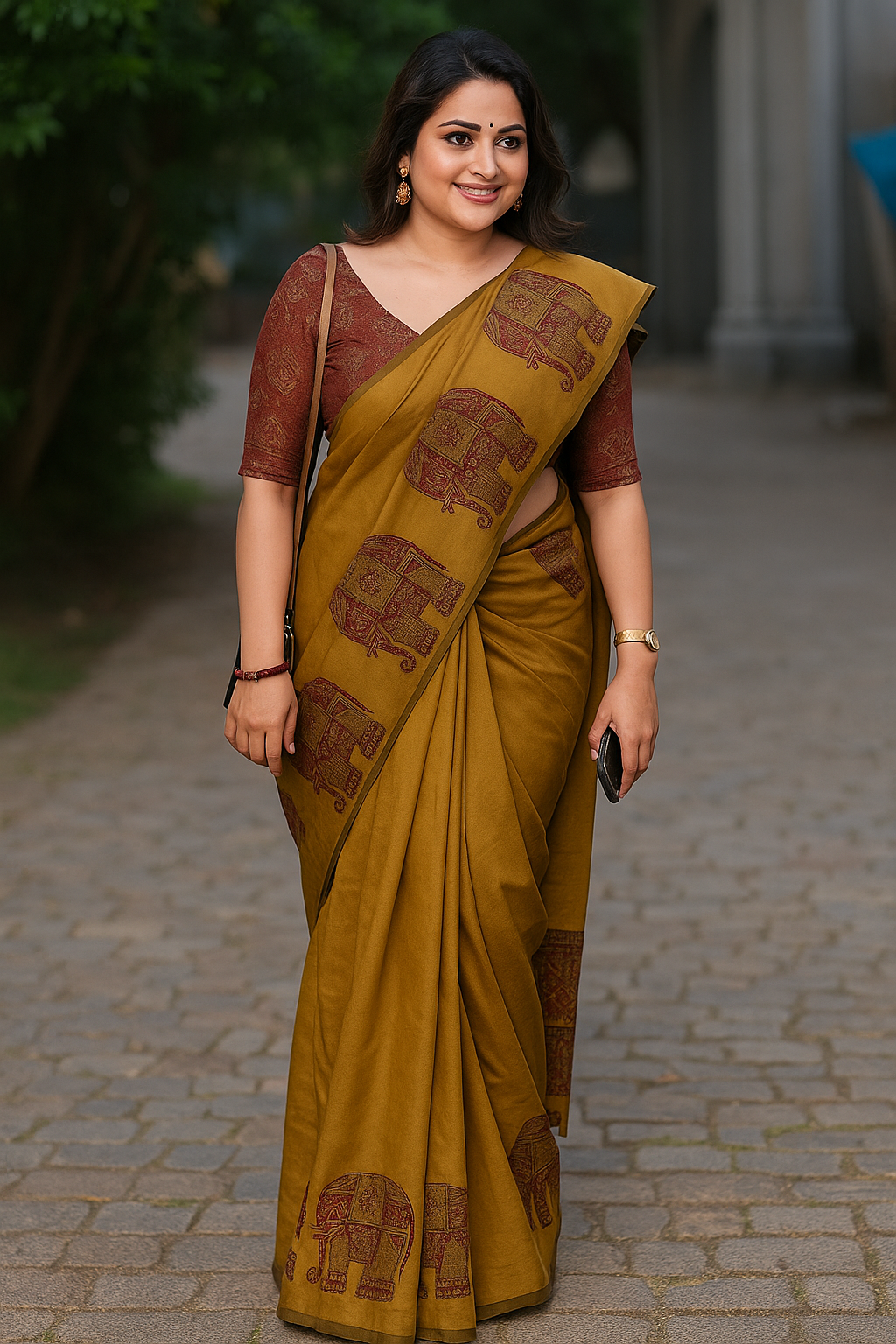 Mustard Elephant Block Print Cotton Linen Saree