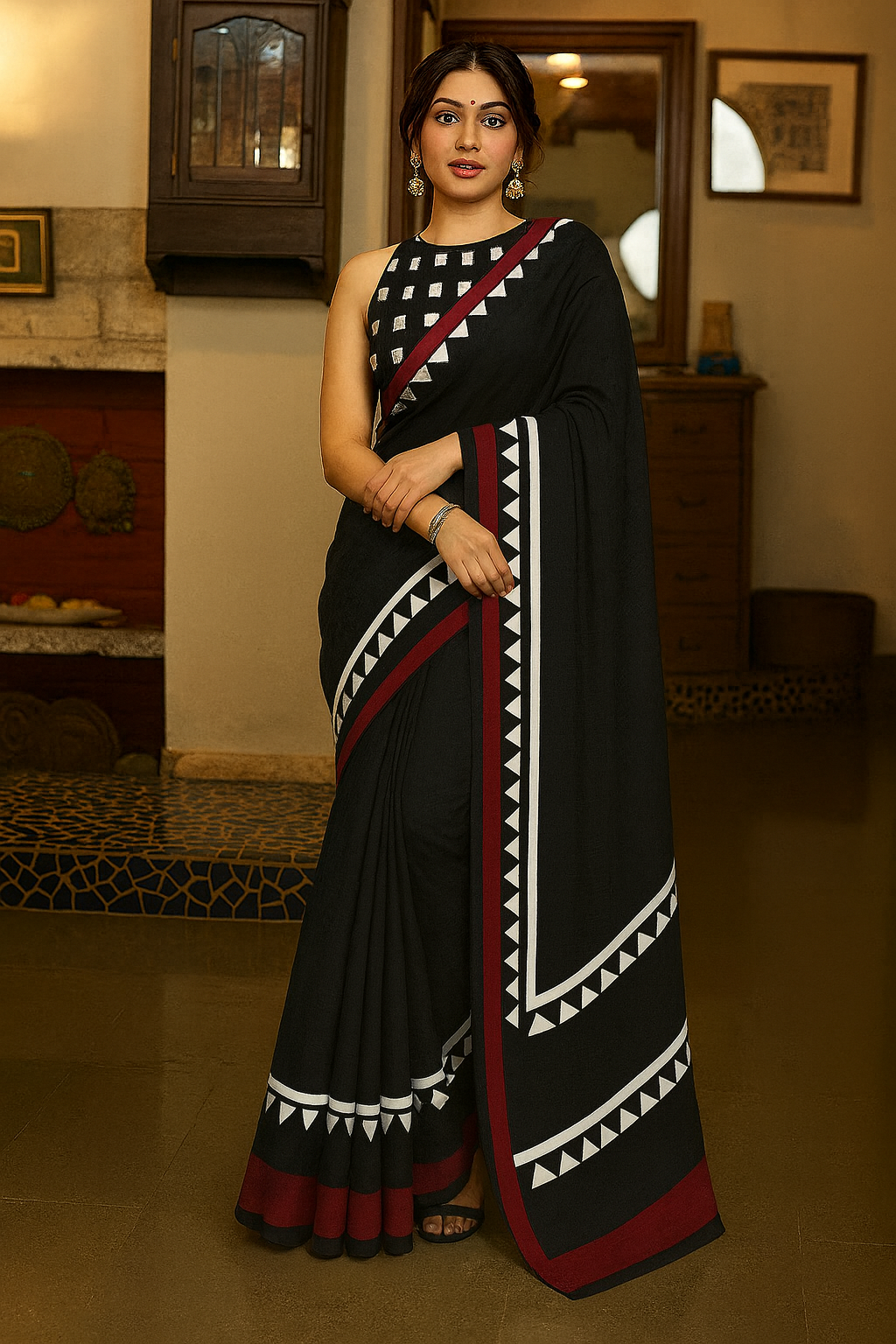 Black Saree with White Geometric Border & Maroon Detailing