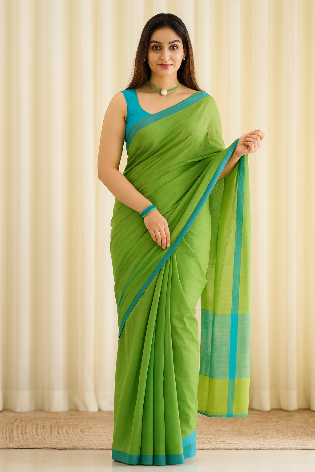 Soft Lightweight Green Saree with Blue Border