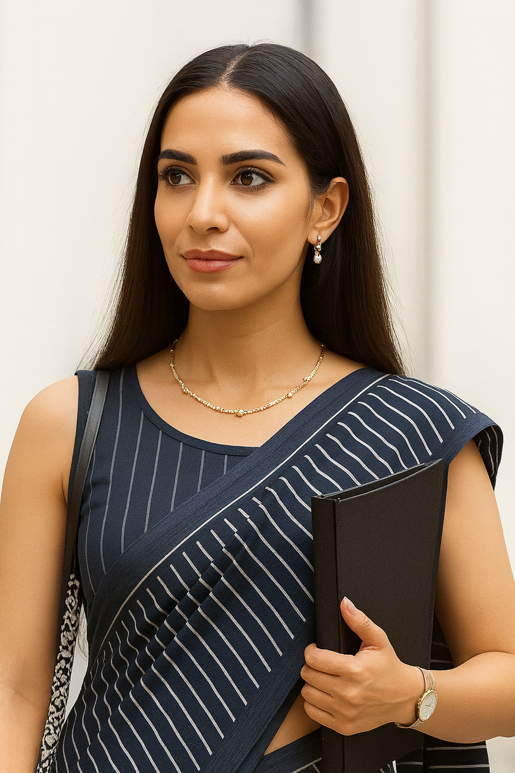 Navy Blue Striped Linen Cotton Saree for Everyday Wear