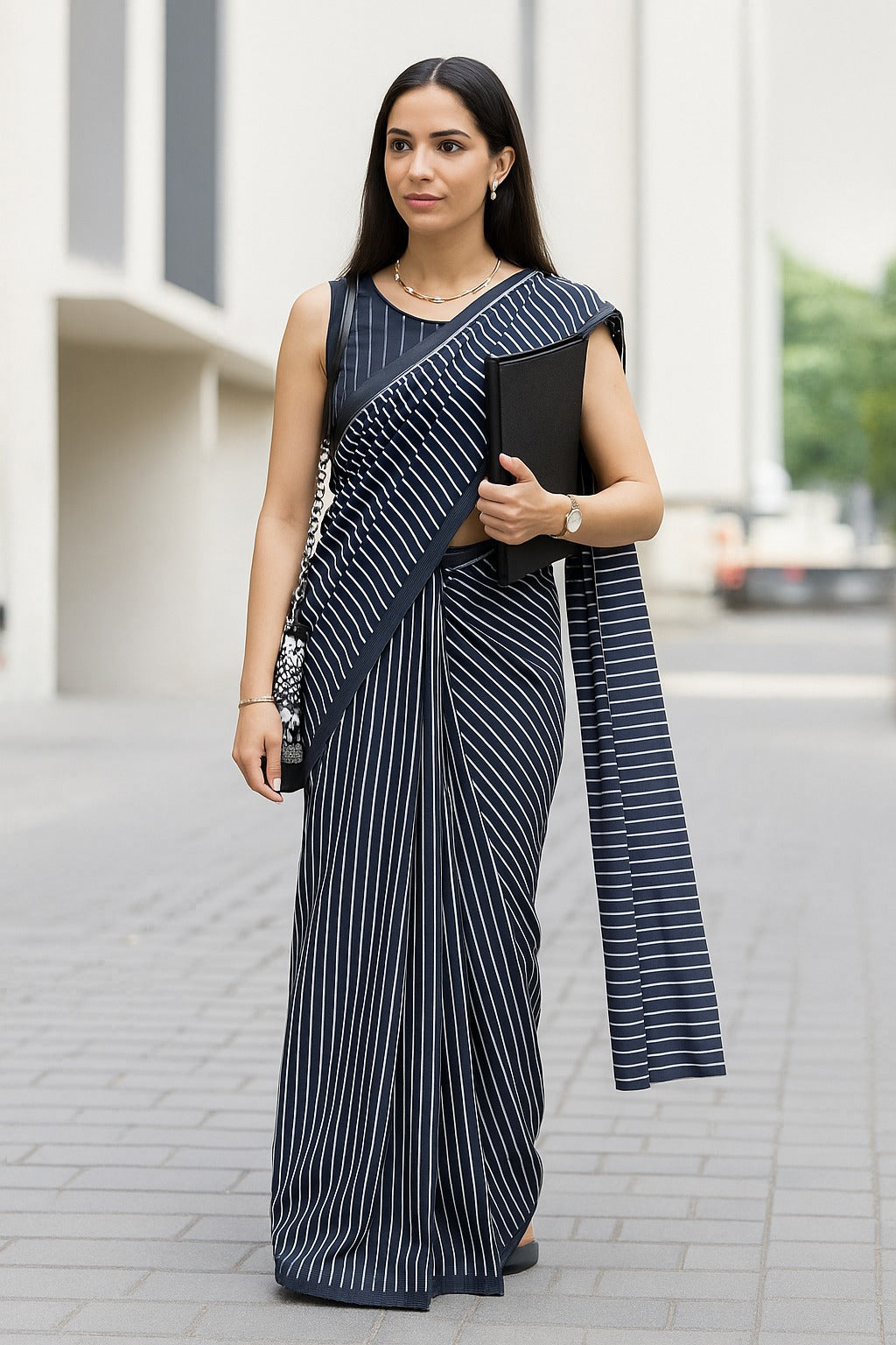 Navy Blue Striped Linen Cotton Saree for Everyday Wear