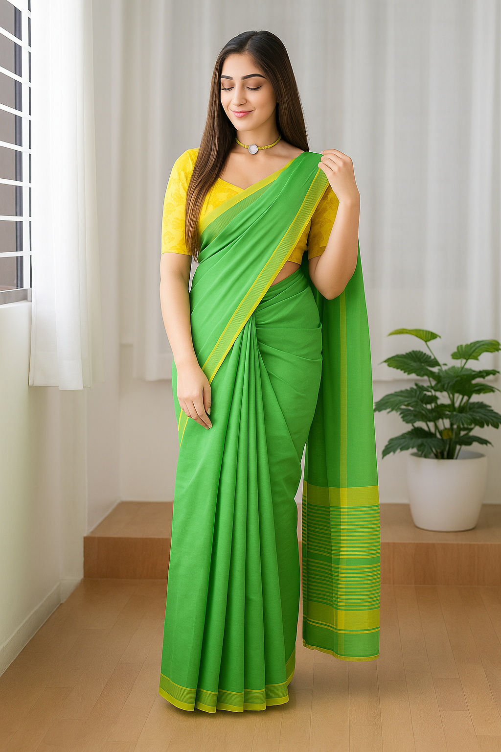 Green Soft Cotton Saree with Yellow Border