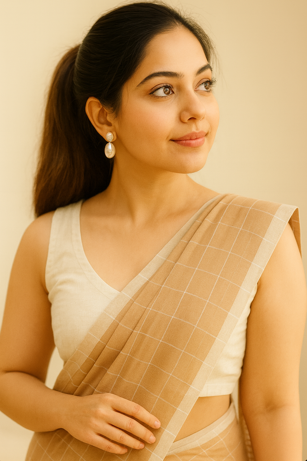 Beige Checkered Soft Linen Cotton Saree