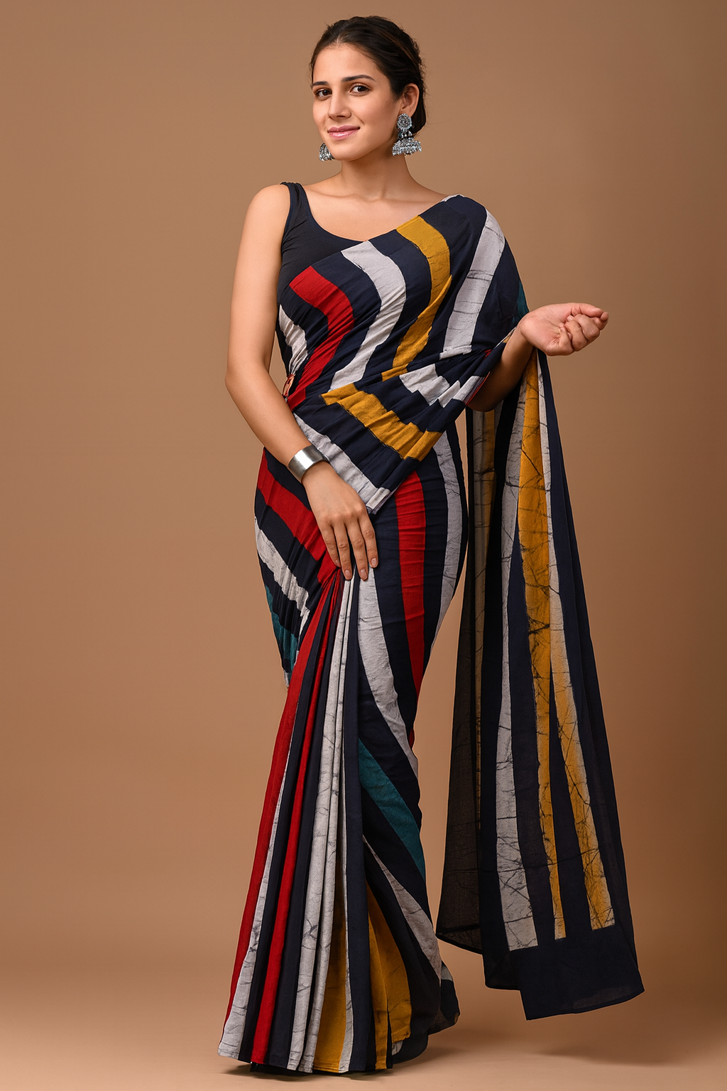 Multicolor Abstract Striped Linen Cotton Saree