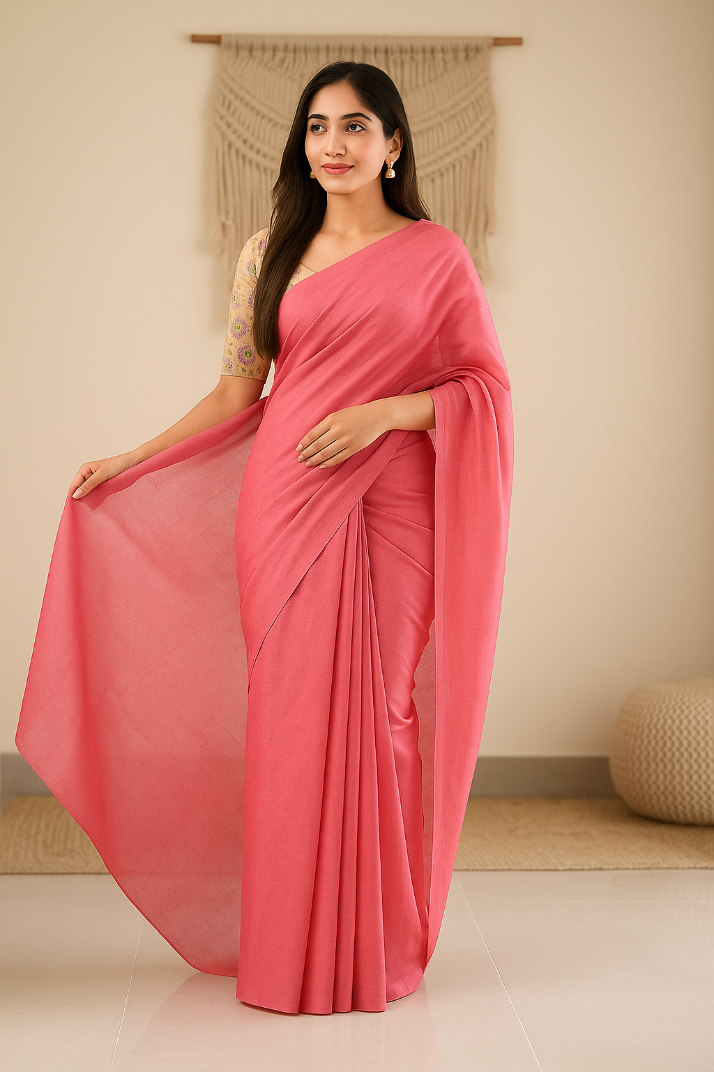 Rose Pink Linen Saree for Women | Solid Pastel Linen Saree