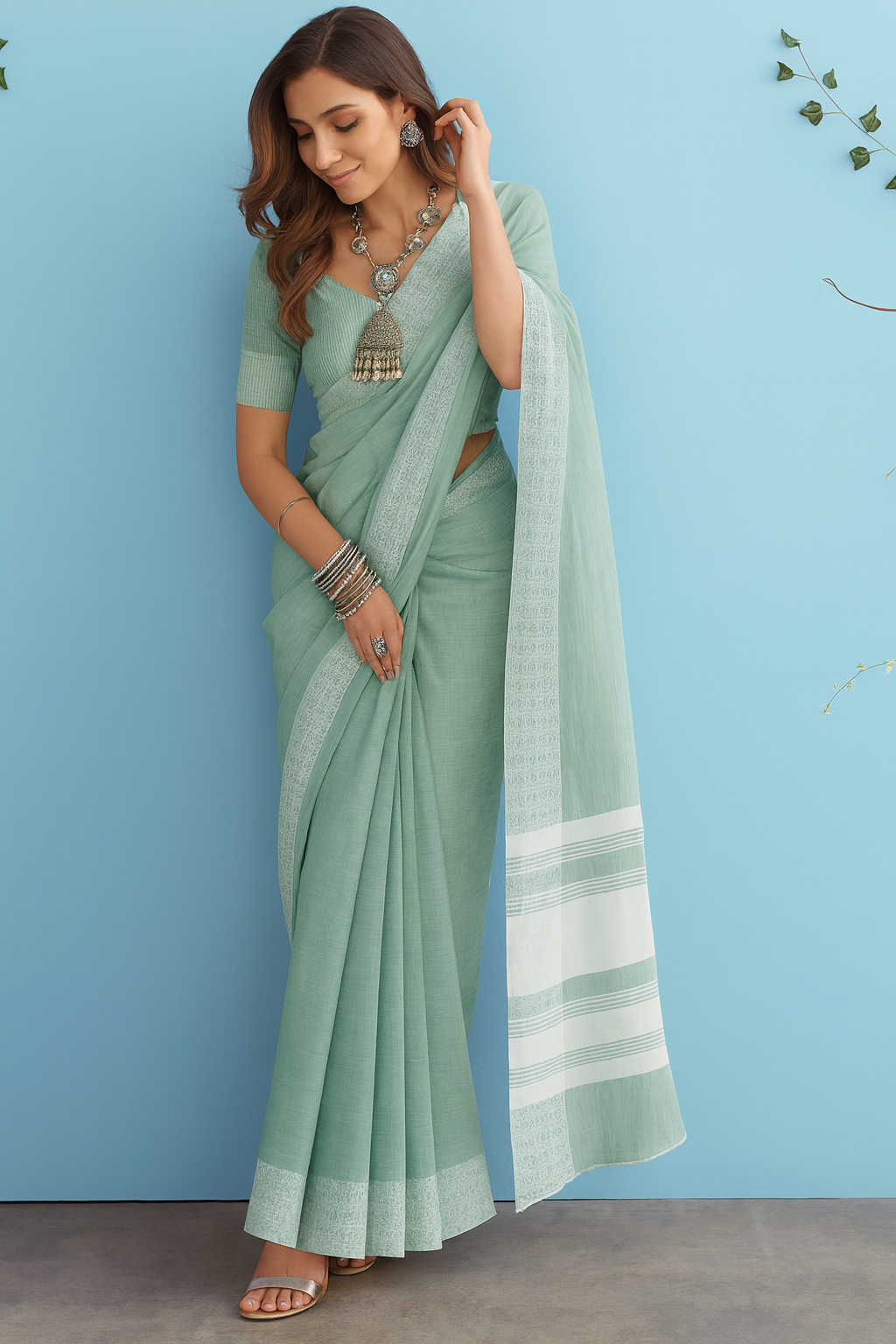Premium Linen Saree in Pastel Mint Green | Handwoven Elegance