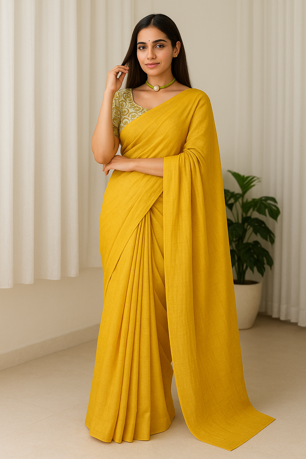 Mustard Yellow Linen Saree for Women