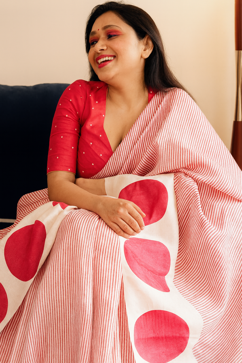 Linen Saree in Red & White | Modern Stripes & Bold Polka Dots