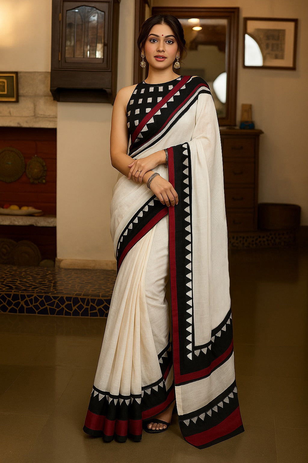 Linen Saree with Black & Maroon Geometric Border