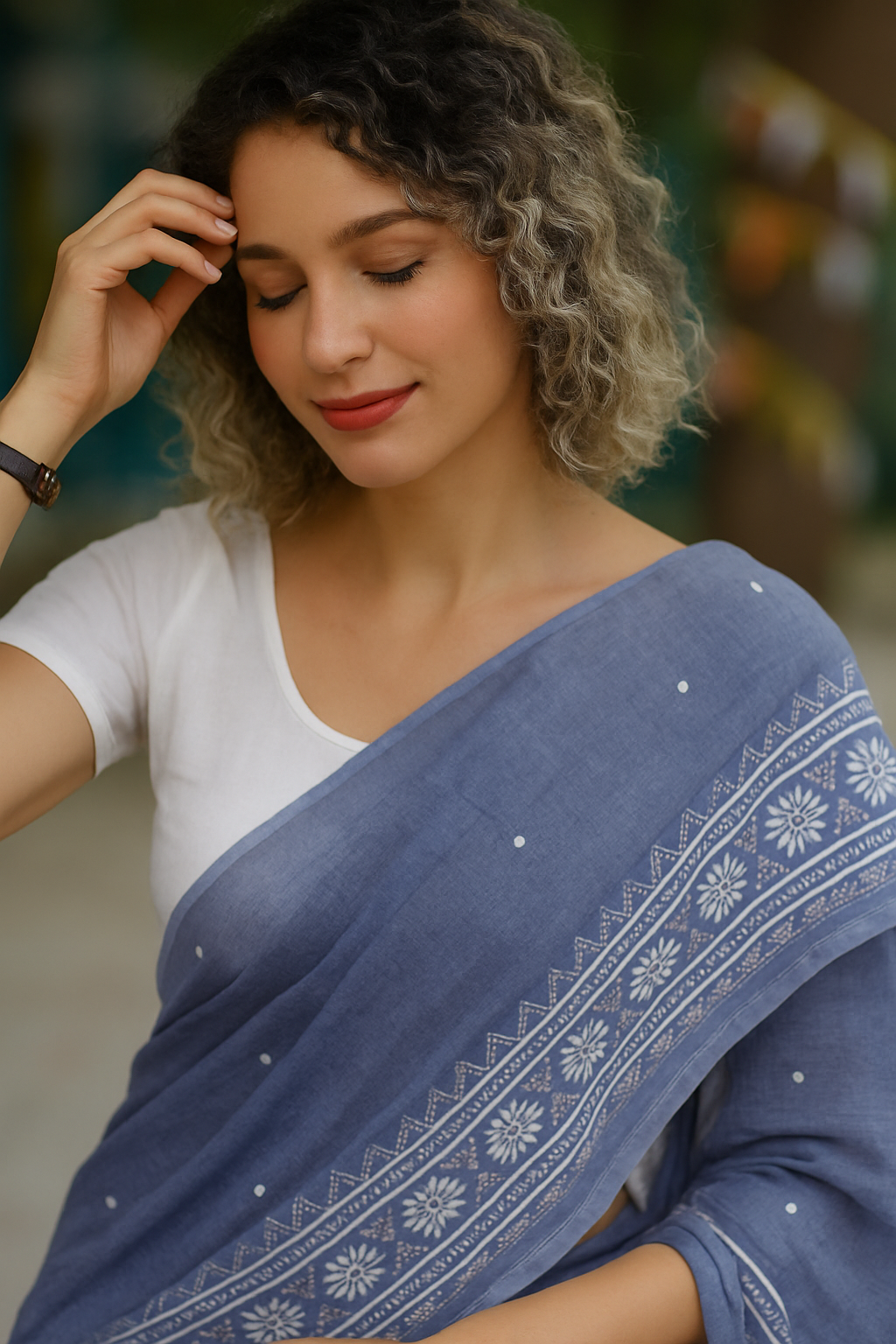 Soft Dusty Blue Linen Saree with White Stylish Border & Motifs