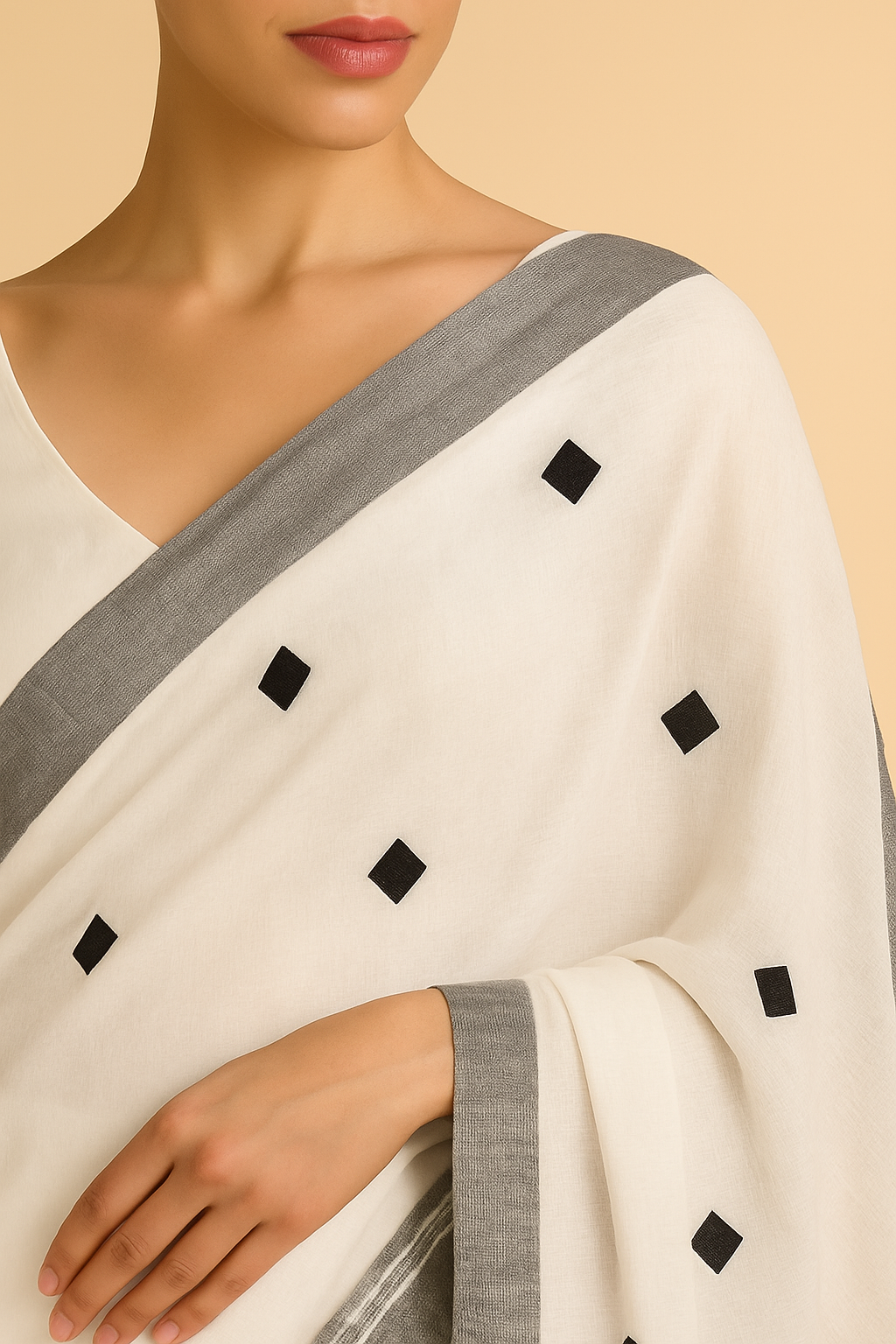 Elegant White Linen Saree with Grey Border & Motifs