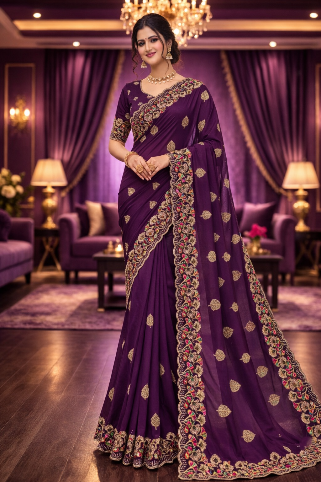 Royal Purple Heavy Embroidered Saree with Designer Border