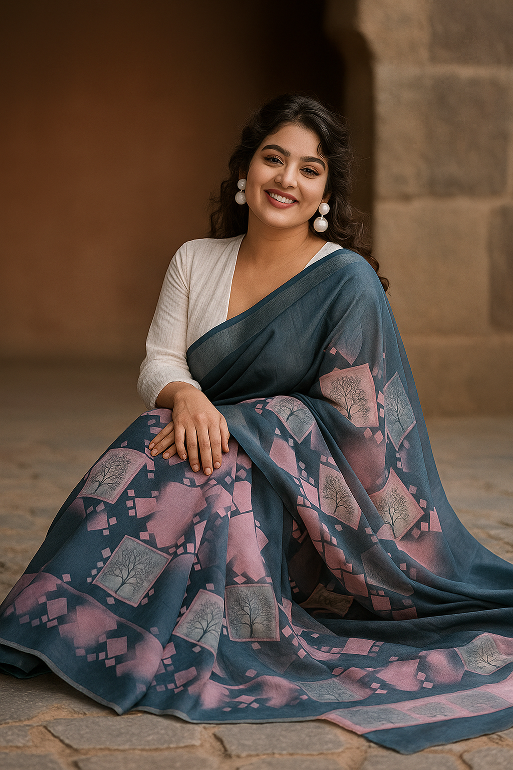 Elegant Teal & Blush Printed Saree with Minimal Tree Motif Design