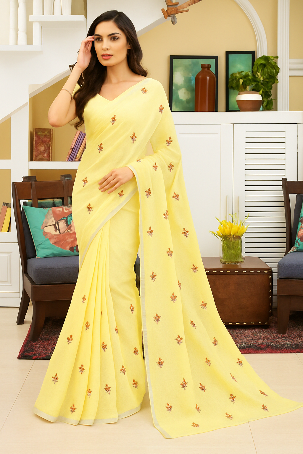 Soft Yellow Linen Saree with Elegant Floral Motifs