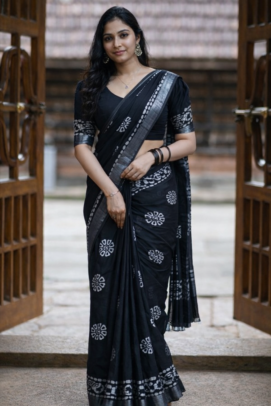 Black Printed Cotton Saree with Traditional Motifs & Contrast Border